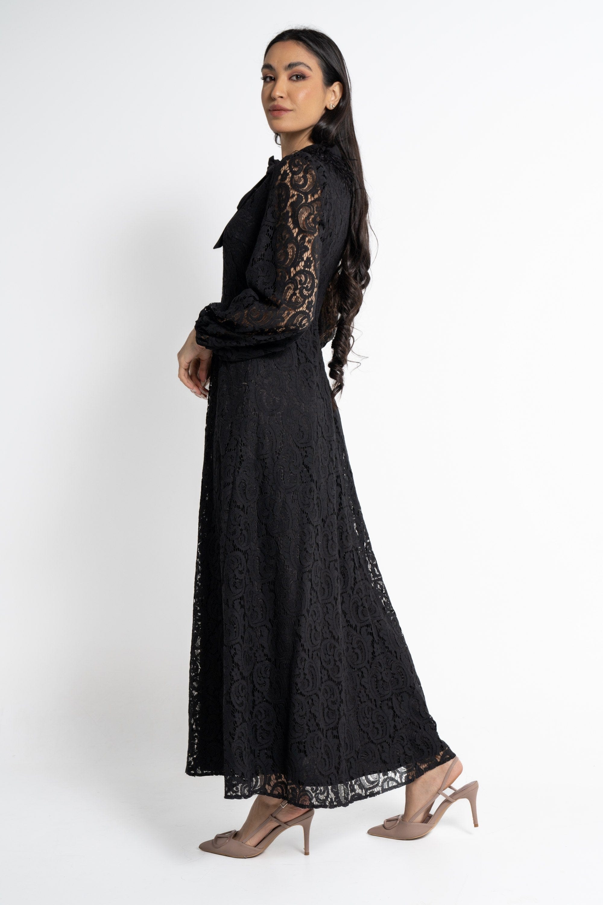 نتشي فستان ماكسي بأكمام طويلة دانتيل مخرم نسائي