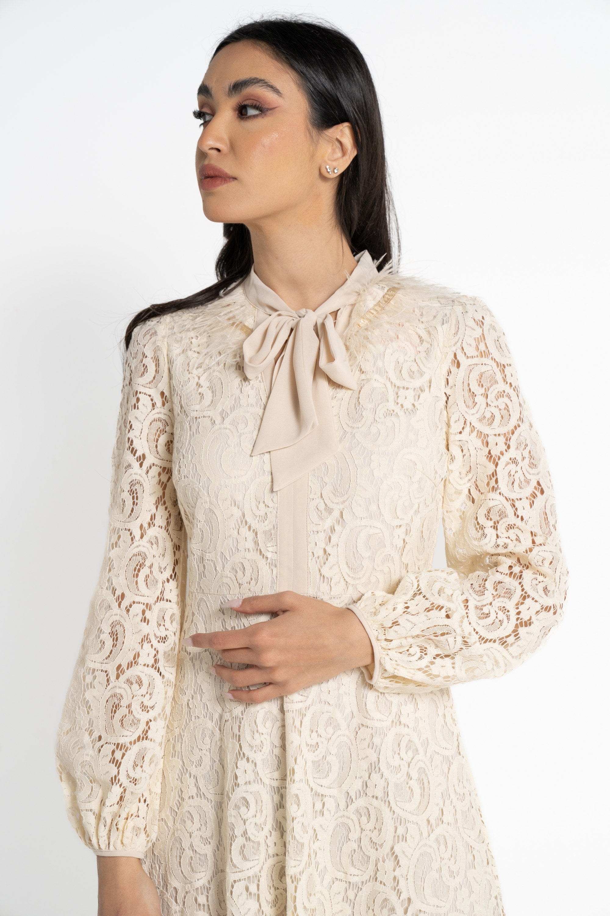 نتشي فستان ماكسي بأكمام طويلة دانتيل مخرم نسائي