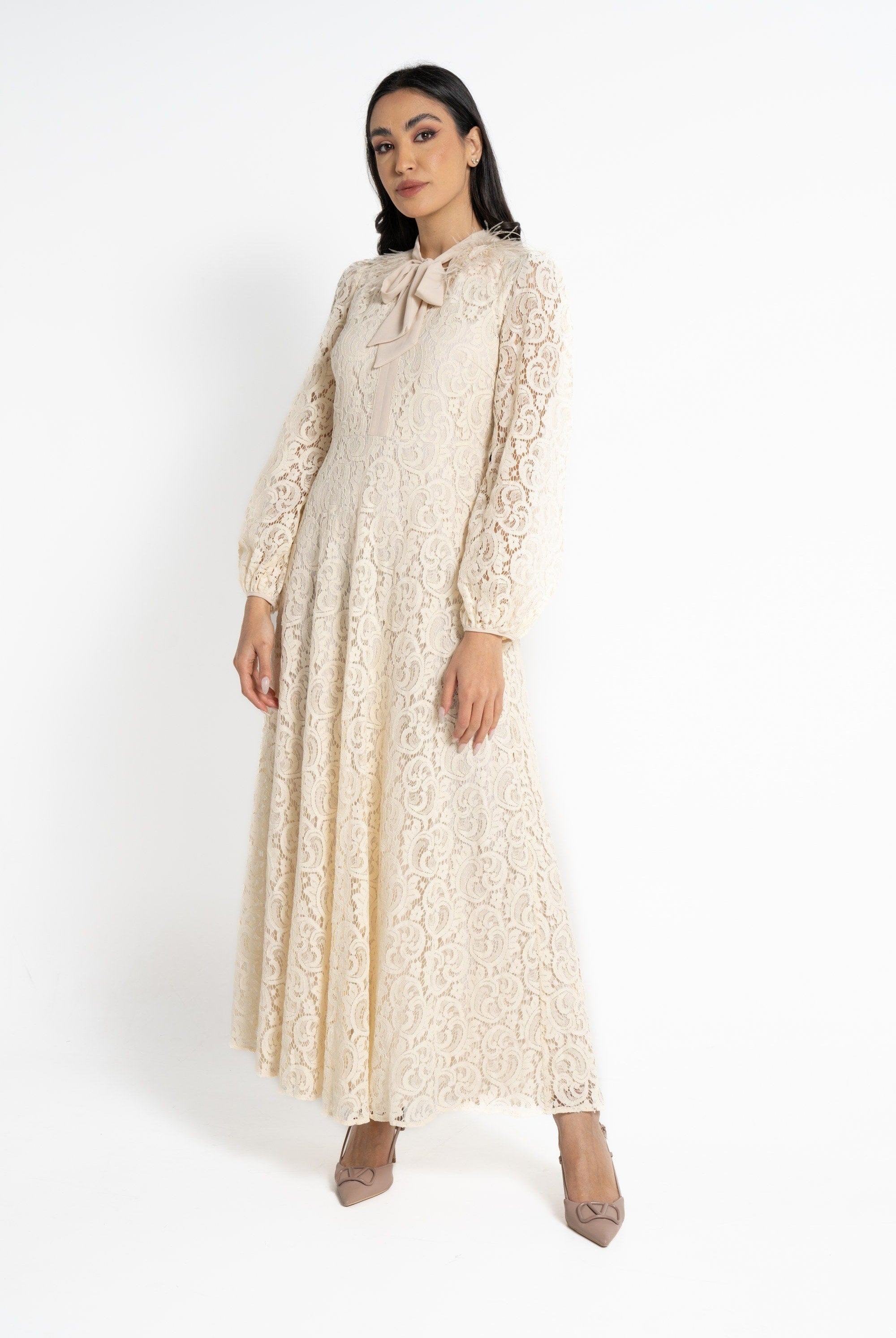 نتشي فستان ماكسي بأكمام طويلة دانتيل مخرم نسائي