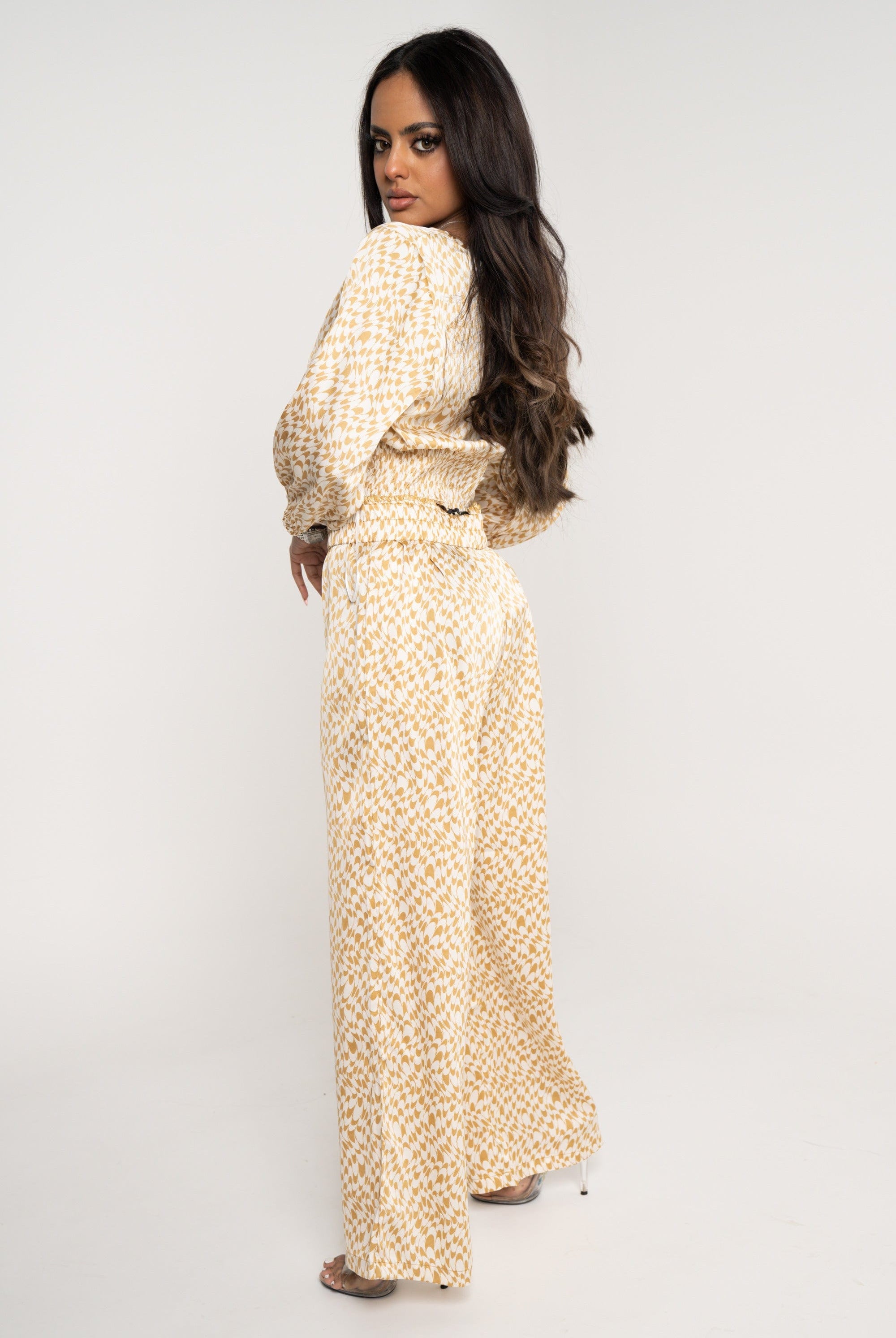 نتشي بنطلون منقوش طويل خصر مرتفع واسع نسائي