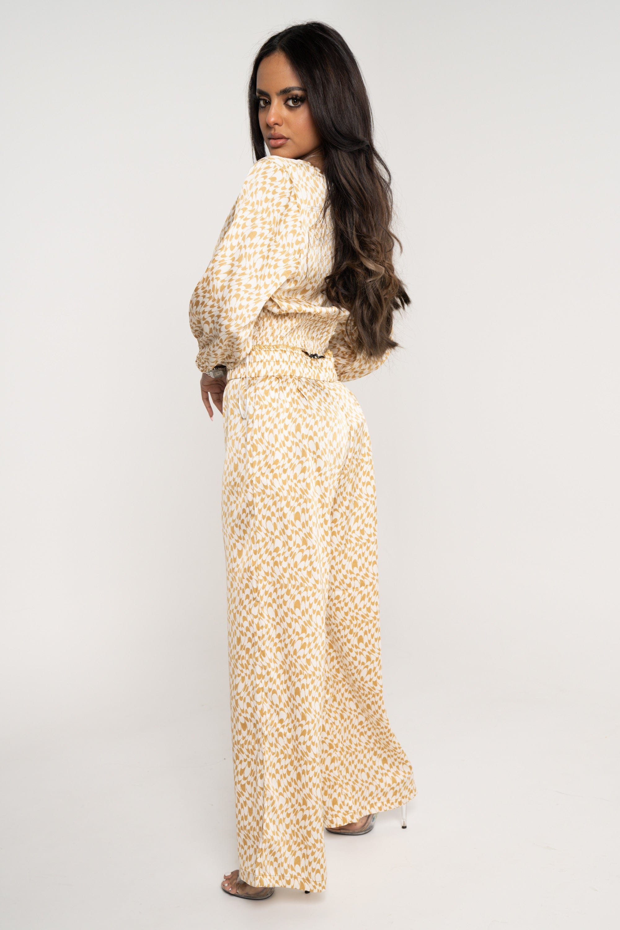 نتشي بنطلون منقوش طويل خصر مرتفع واسع نسائي