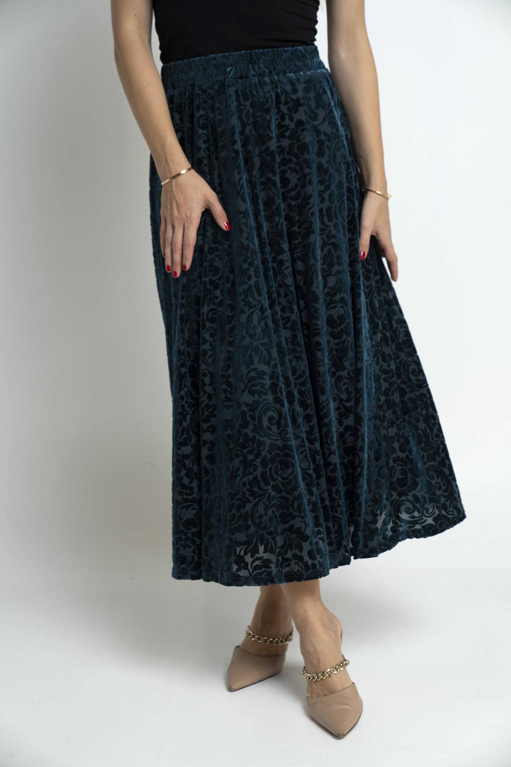 نتشي تنورة ميدي منقوشة خصر مرتفع واسعة نسائي أخضر