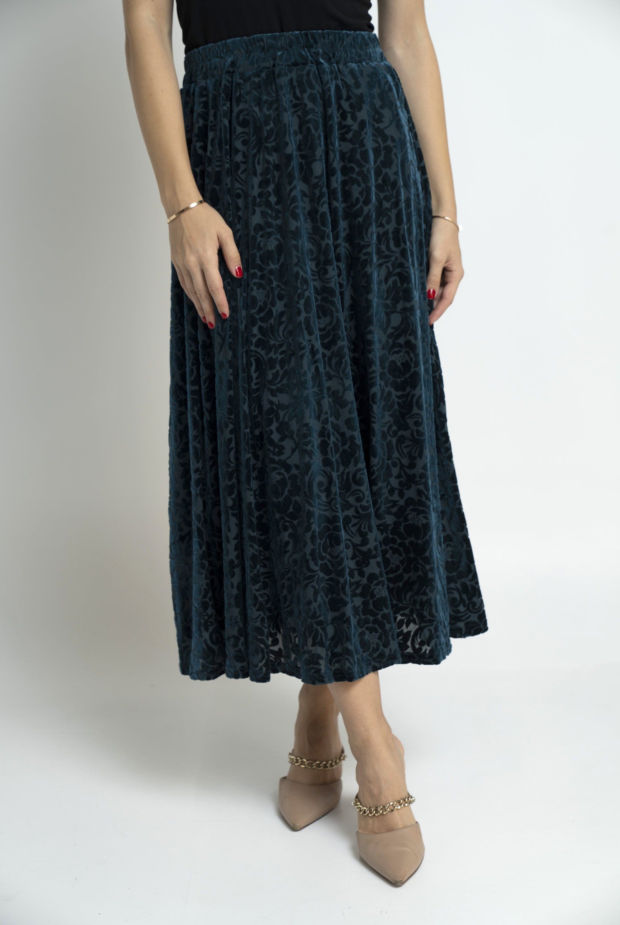 نتشي تنورة ميدي منقوشة خصر مرتفع واسعة نسائي أخضر