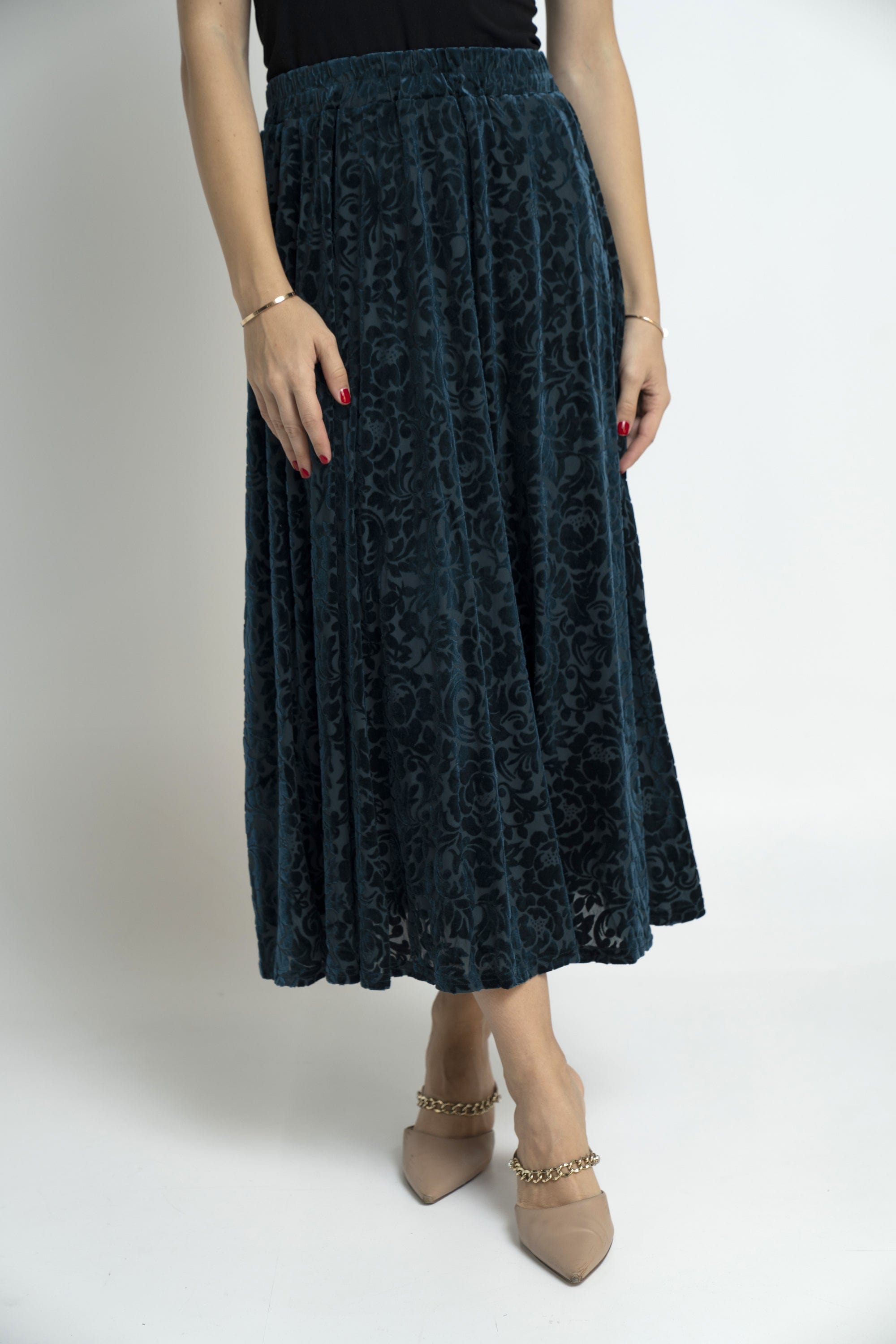 نتشي تنورة ميدي منقوشة خصر مرتفع واسعة نسائي أخضر