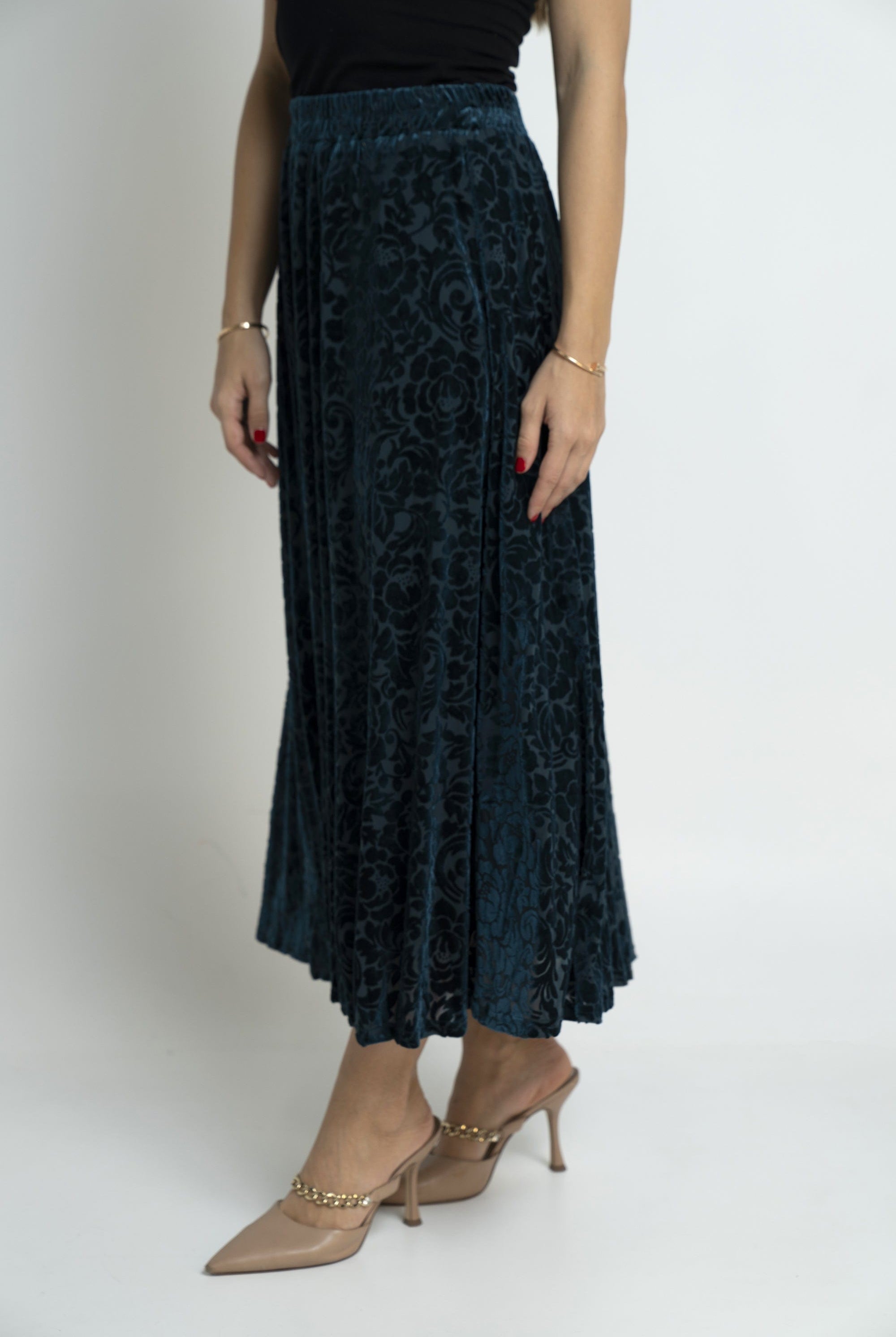 نتشي تنورة ميدي منقوشة خصر مرتفع واسعة نسائي أخضر