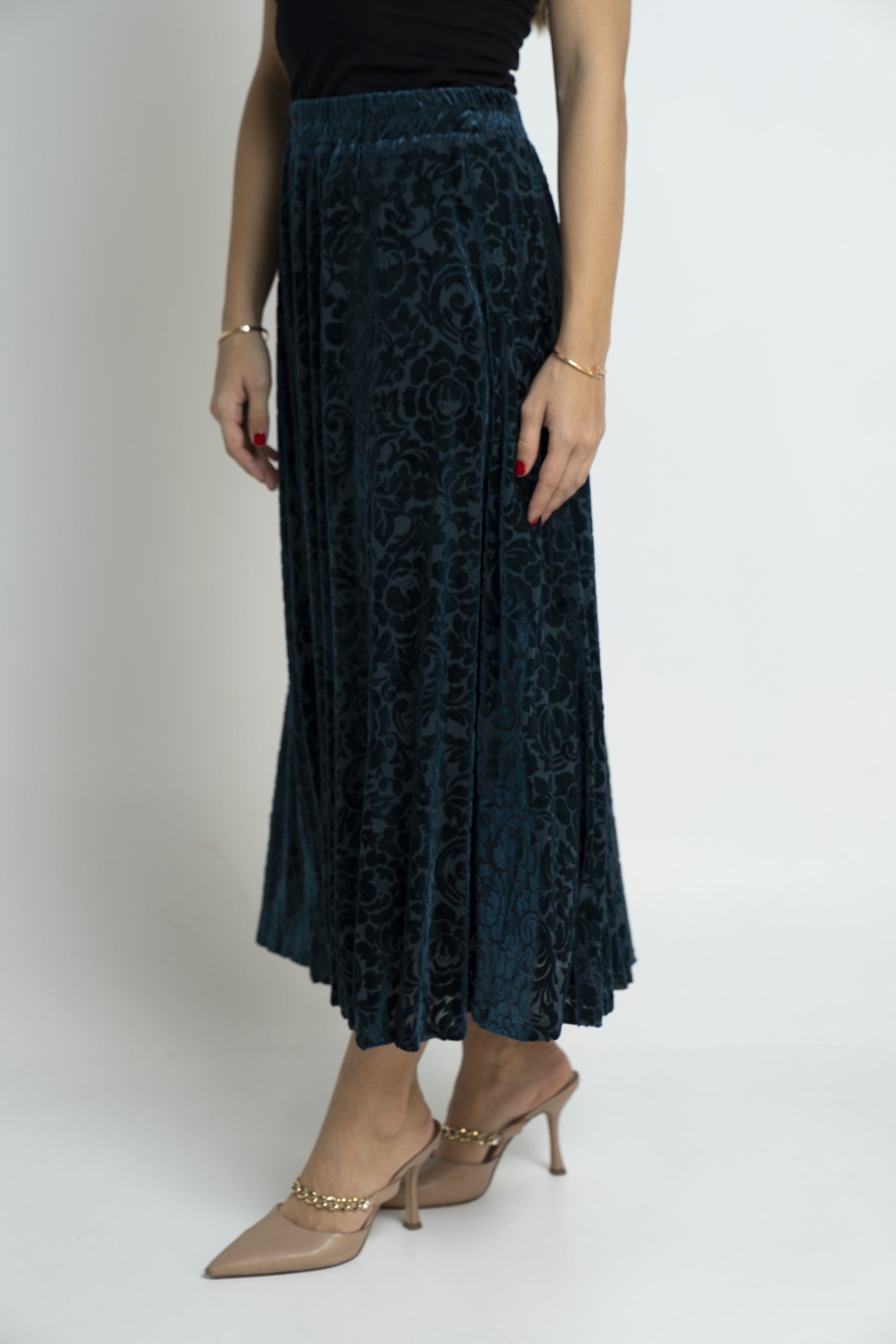 نتشي تنورة ميدي منقوشة خصر مرتفع واسعة نسائي أخضر