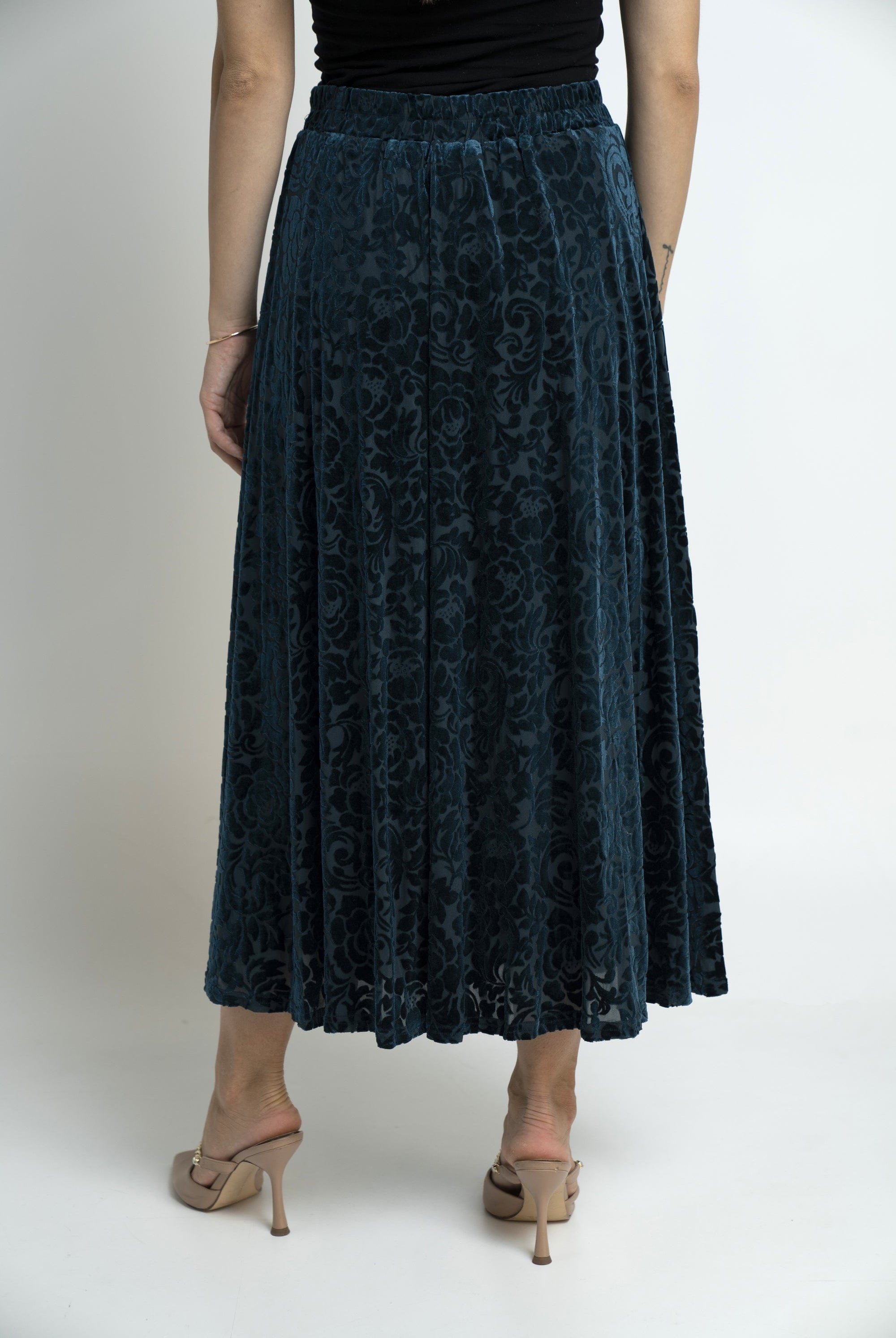 نتشي تنورة ميدي منقوشة خصر مرتفع واسعة نسائي أخضر