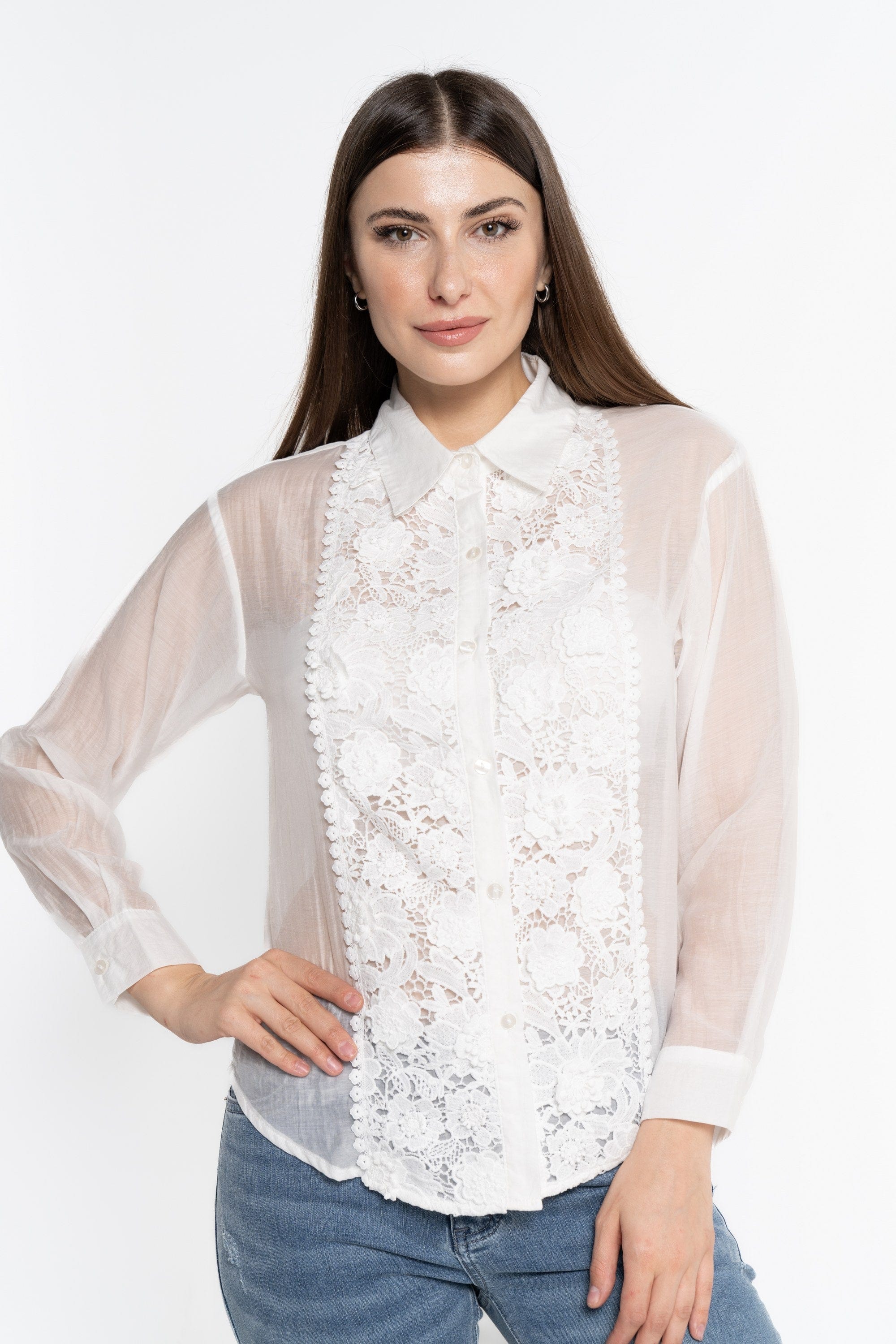 نتشي قميص كم طويل مزين بالورود نسائي أوف وايت