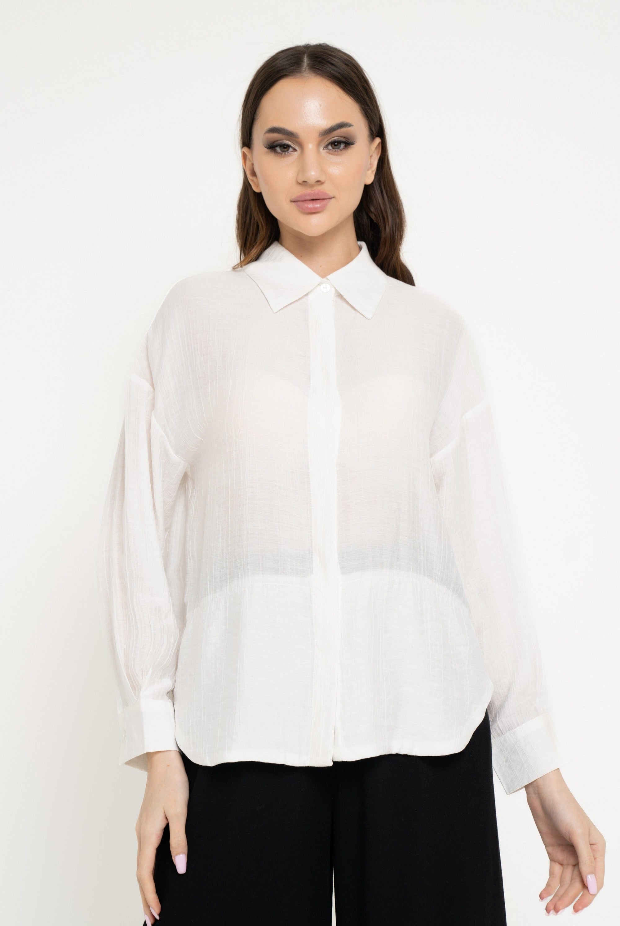 نتشي قميص سادة بأزرار أمامية كم طويل وياقة نسائي