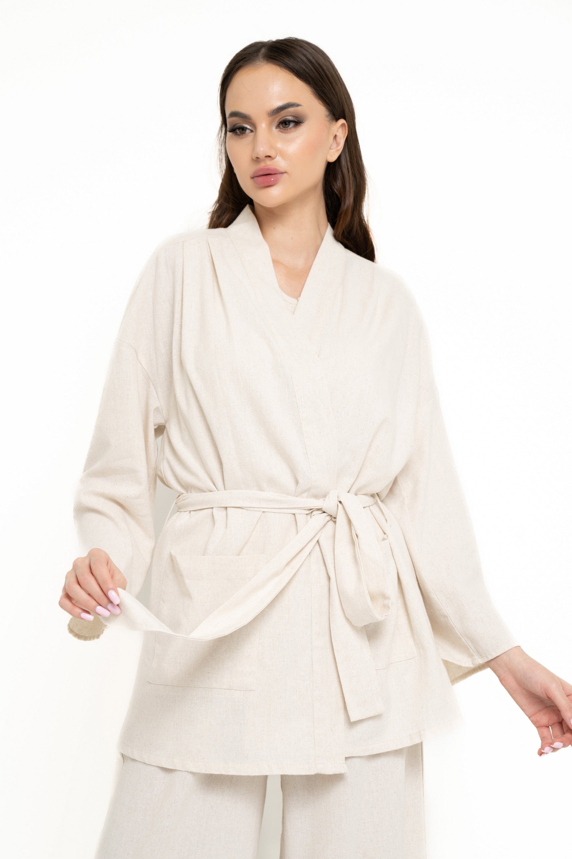 نتشي كارديجان سادة برباط على الخصر كم طويل نسائي