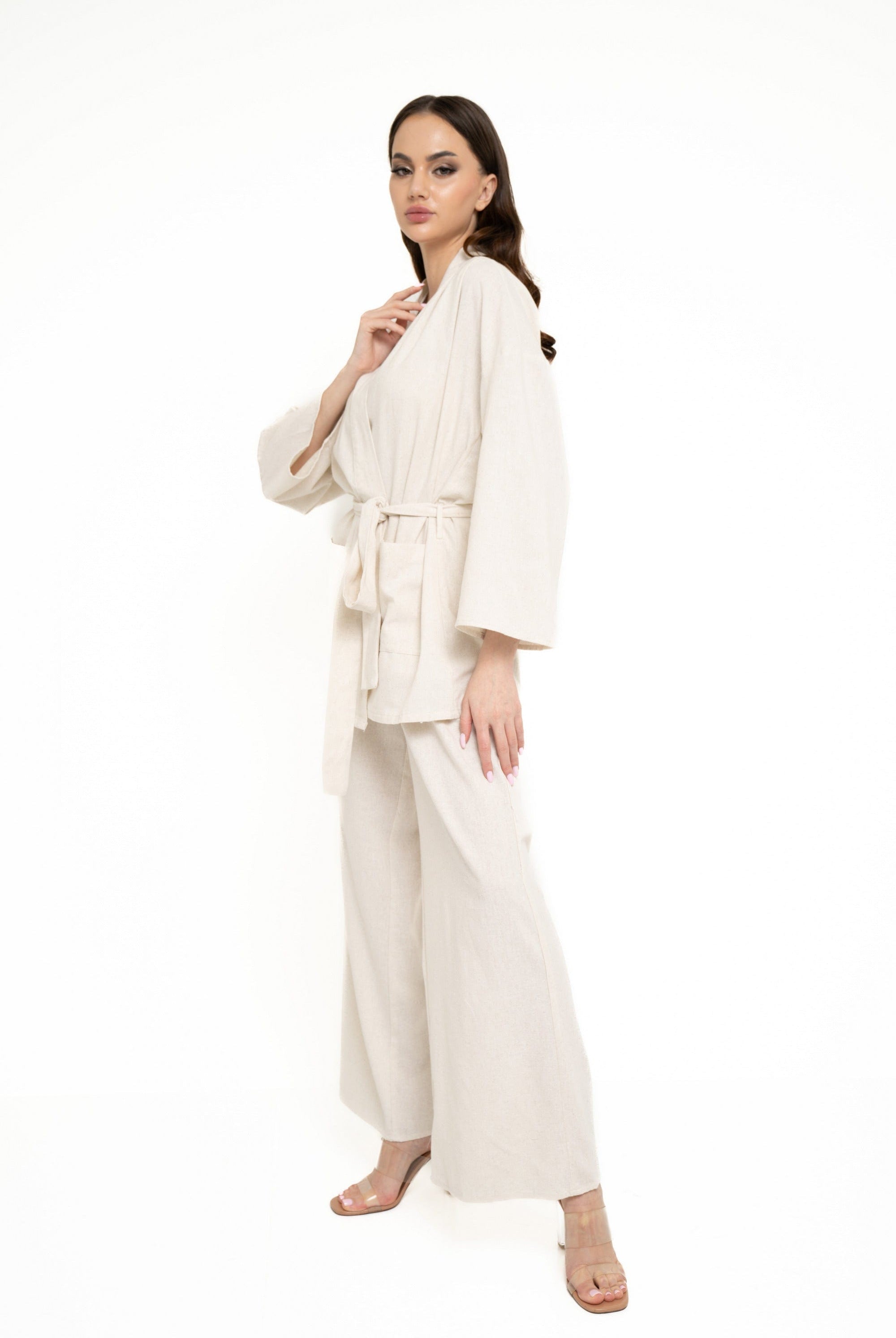 نتشي كارديجان سادة برباط على الخصر كم طويل نسائي