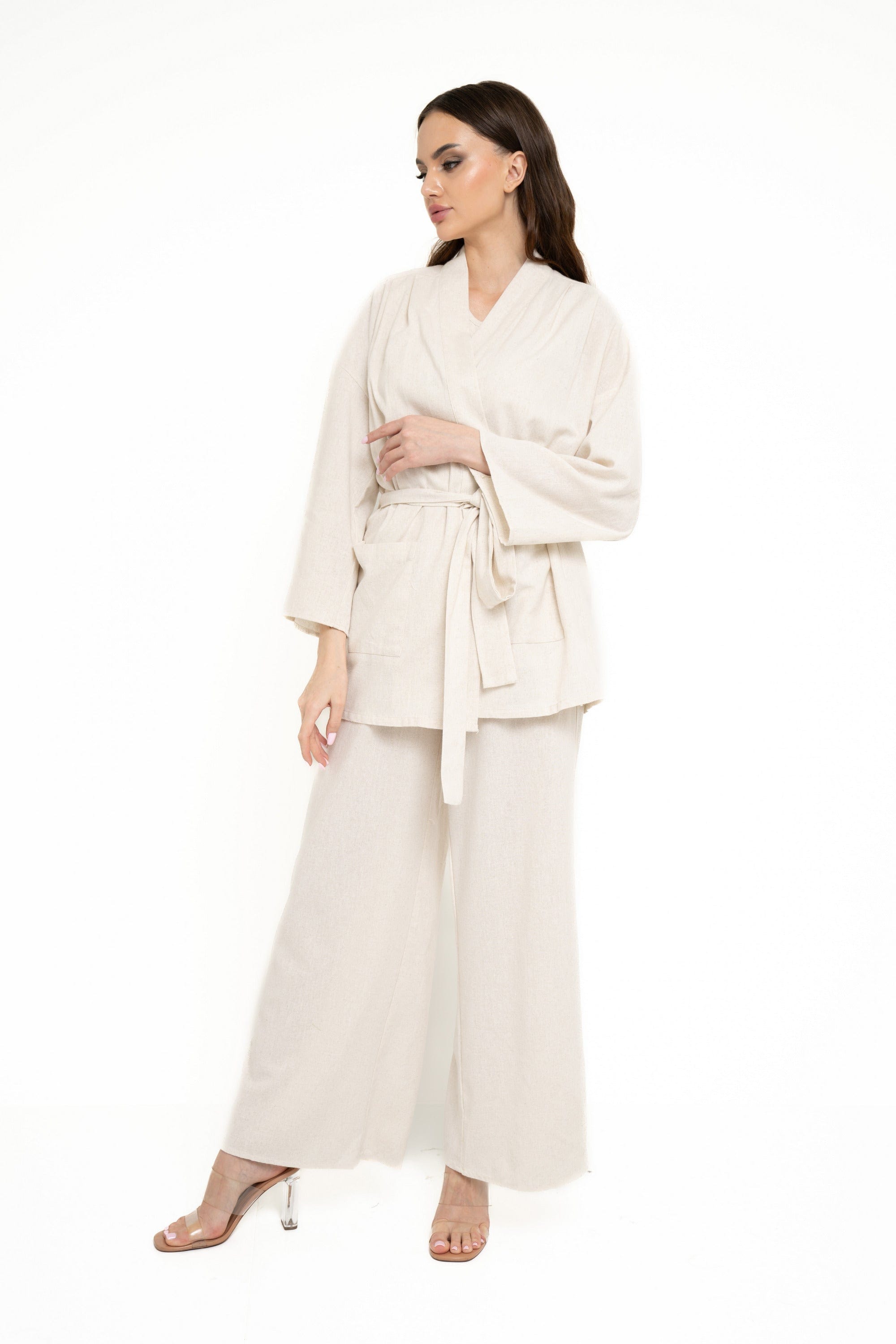 نتشي كارديجان سادة برباط على الخصر كم طويل نسائي