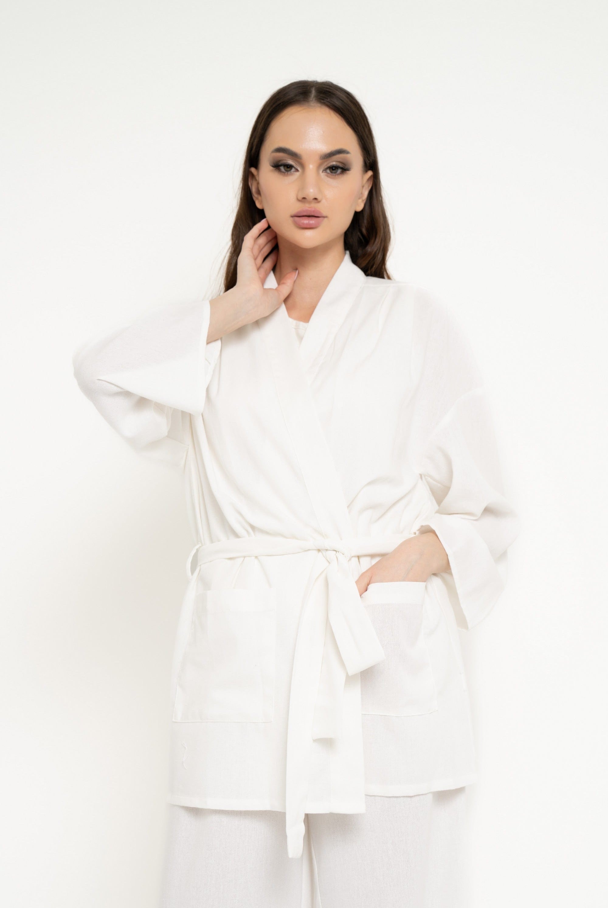 نتشي كارديجان سادة برباط على الخصر كم طويل نسائي