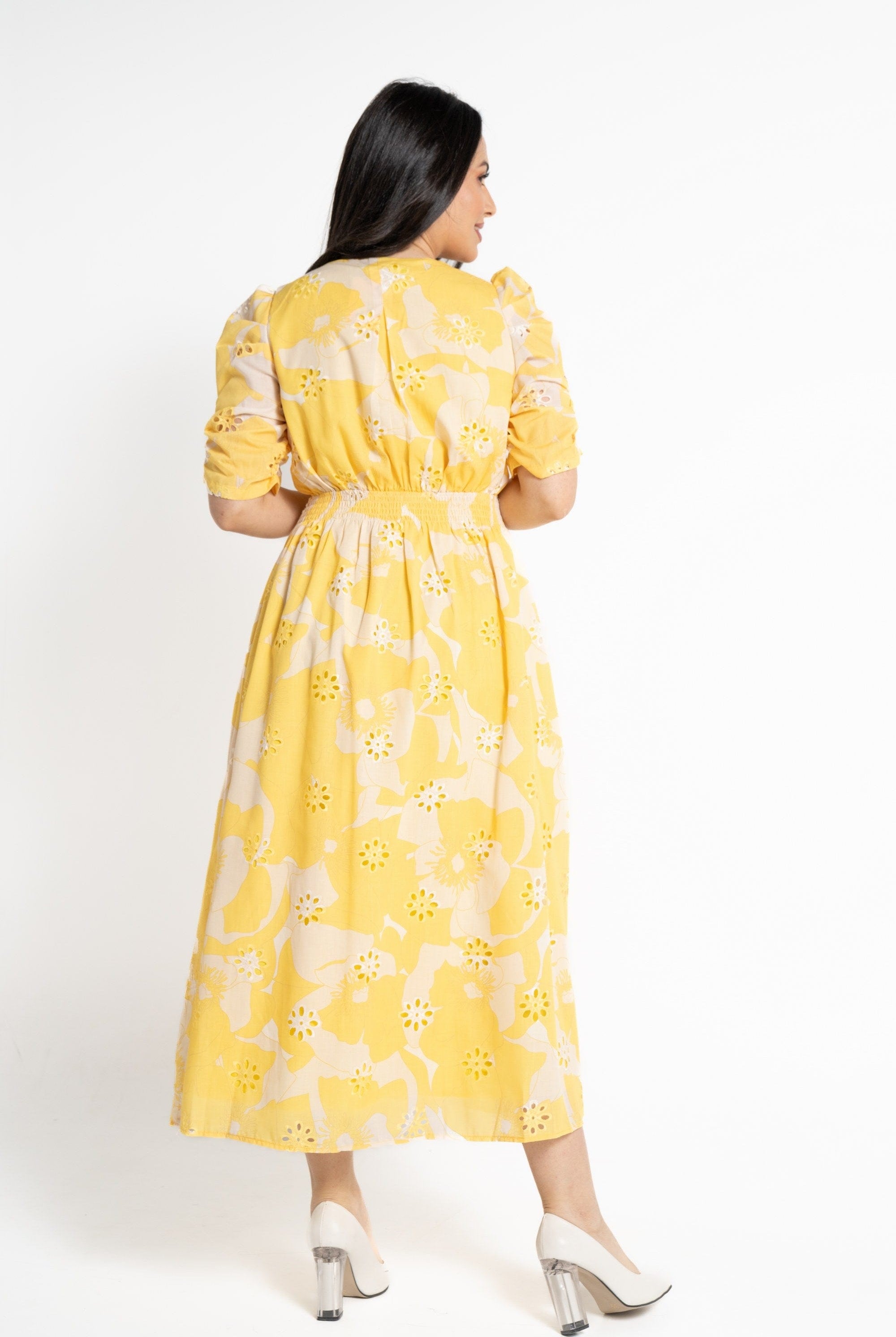 نتشي فستان ميدي بأكمام قصيرة مخصر نسائي