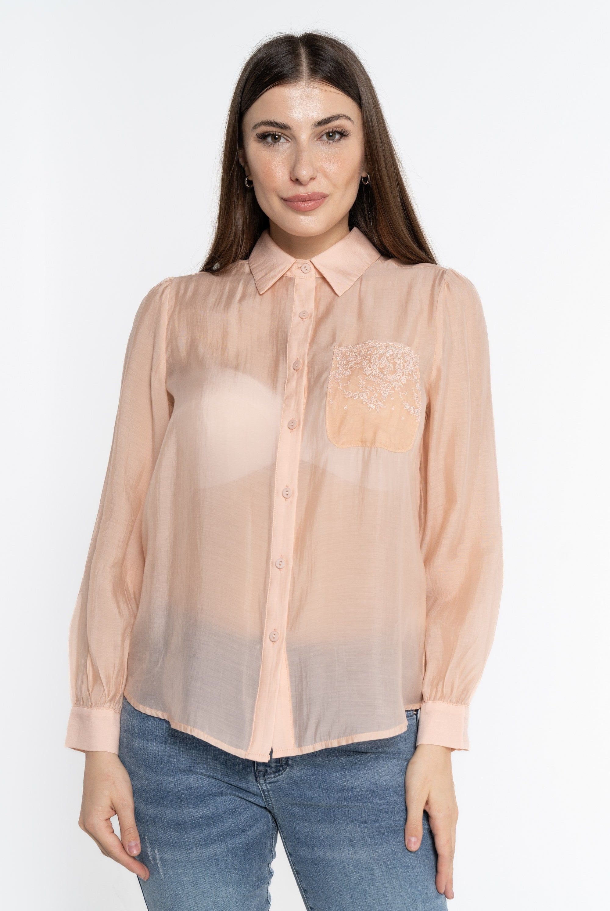 نتشي قميص شفاف سادة بجيب أمامي نسائي