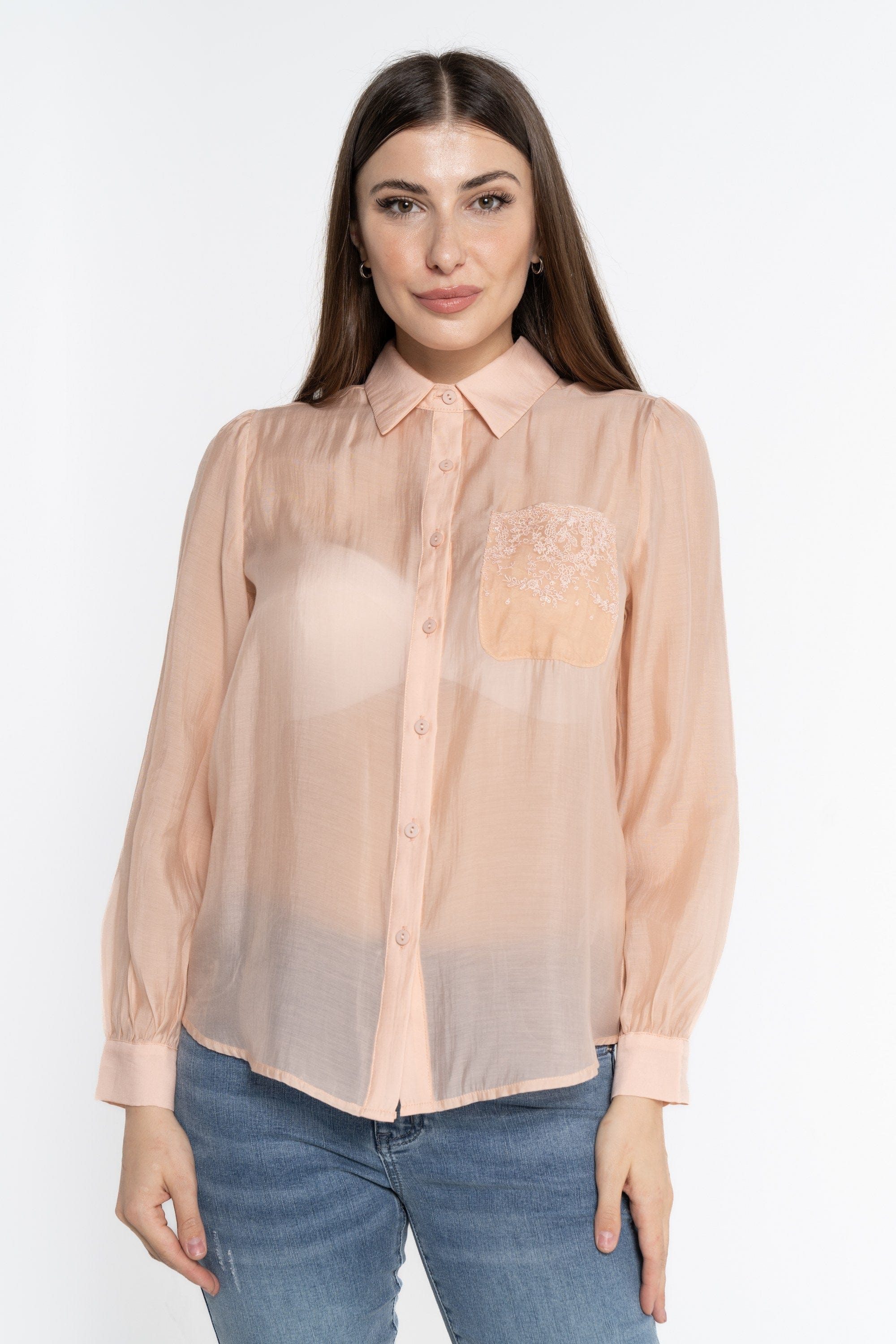 نتشي قميص شفاف سادة بجيب أمامي نسائي