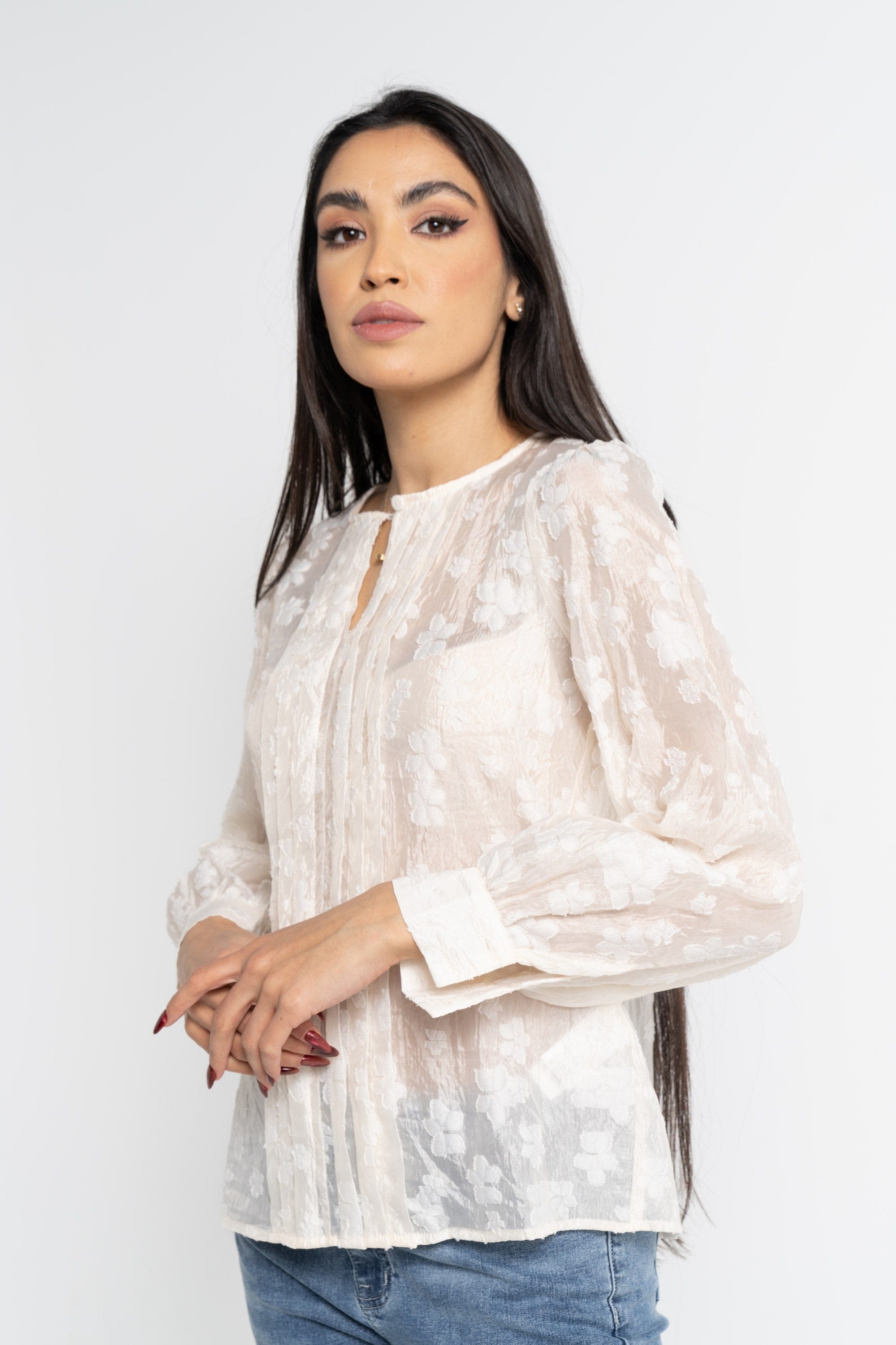 نتشي بلوزة بأكمام طويلة نسائية شفافة بتطريز مشجر