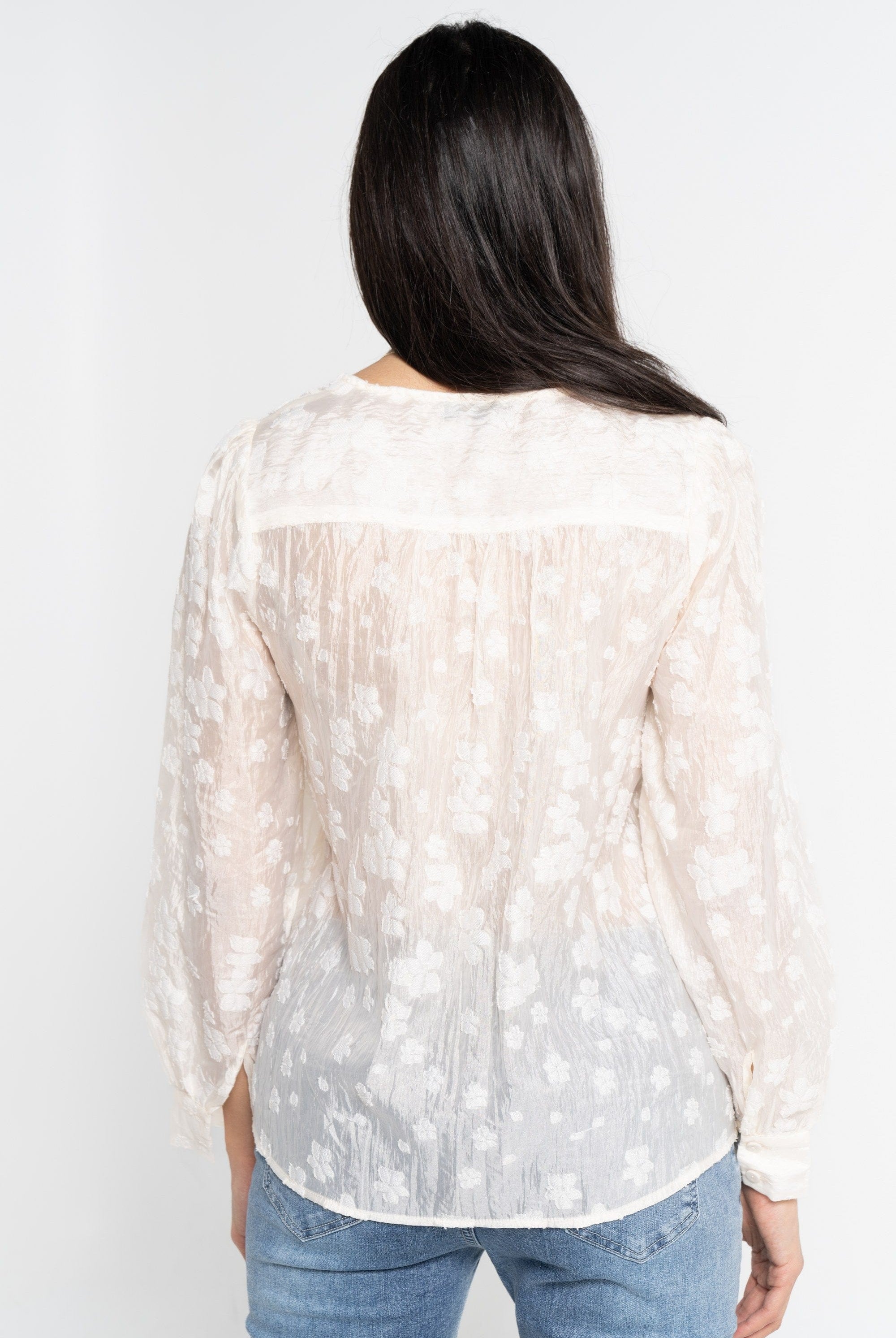 نتشي بلوزة بأكمام طويلة نسائية شفافة بتطريز مشجر