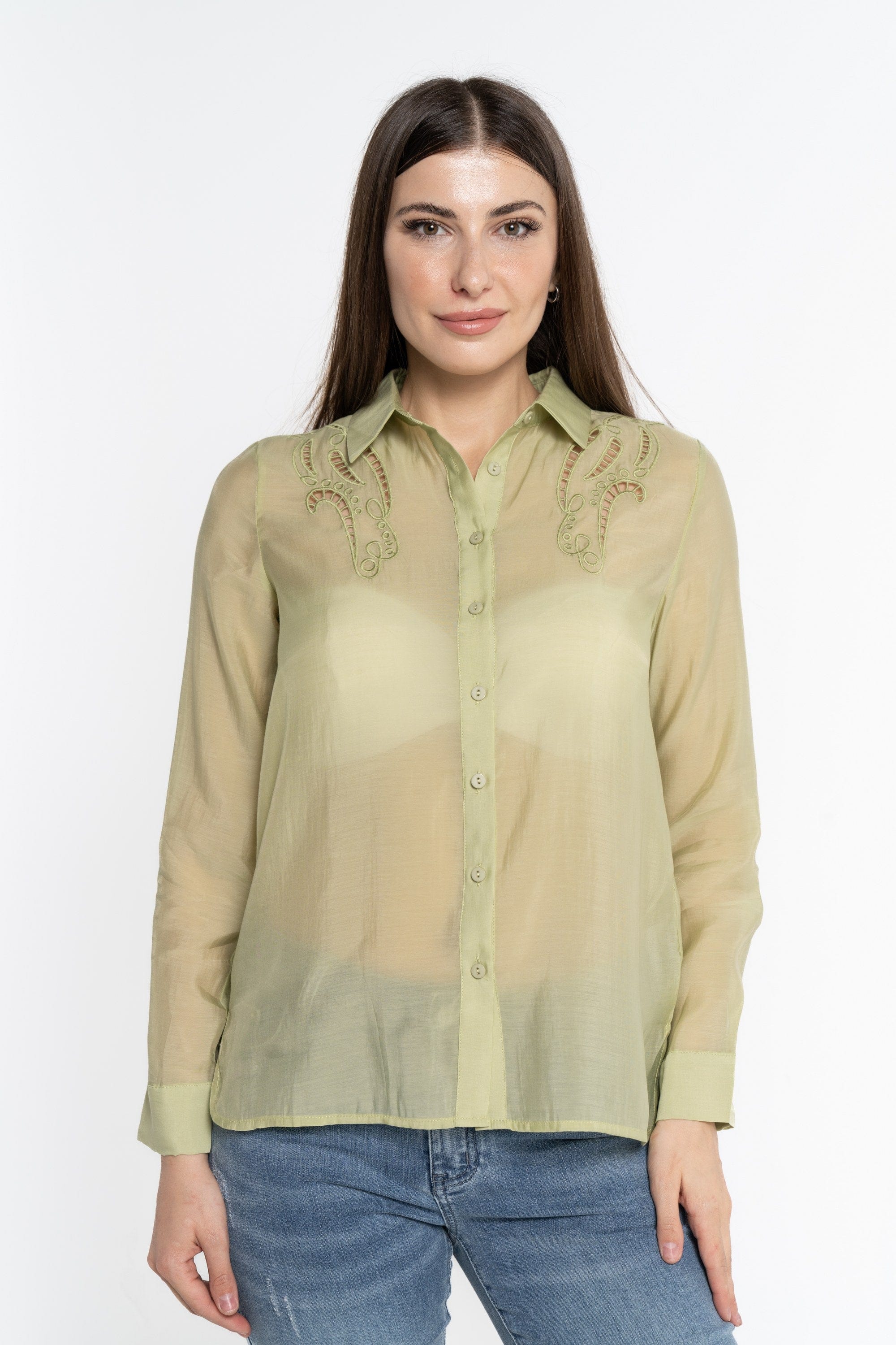 نتشي قميص بأكمام طويلة شفاف بأزرار أمامية نسائي