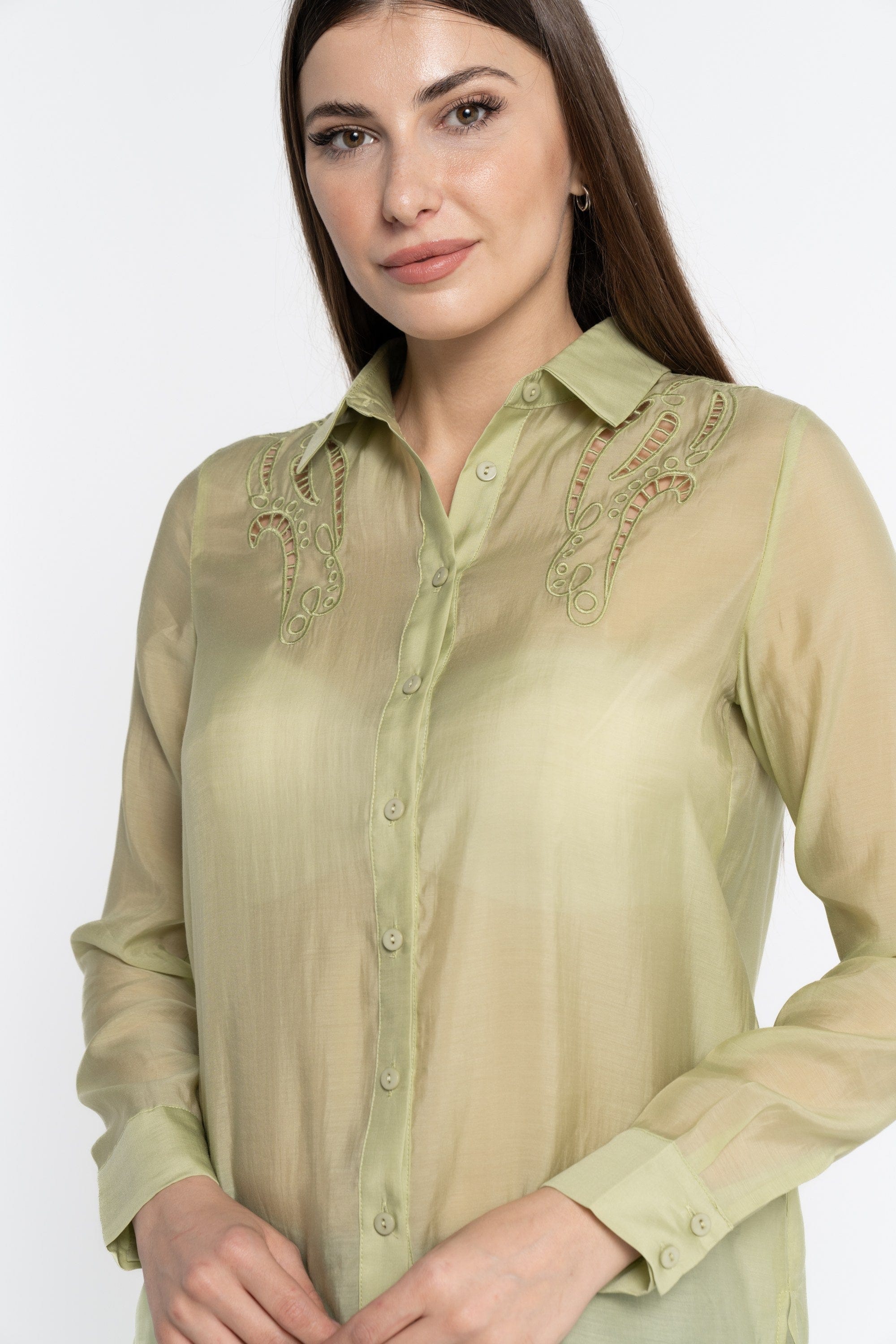 نتشي قميص بأكمام طويلة شفاف بأزرار أمامية نسائي