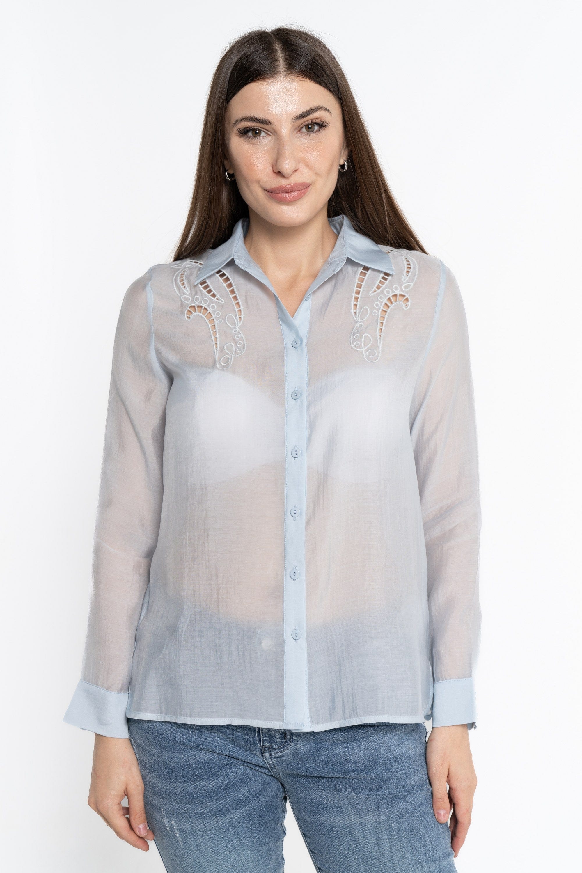 نتشي قميص بأكمام طويلة شفاف بأزرار أمامية نسائي