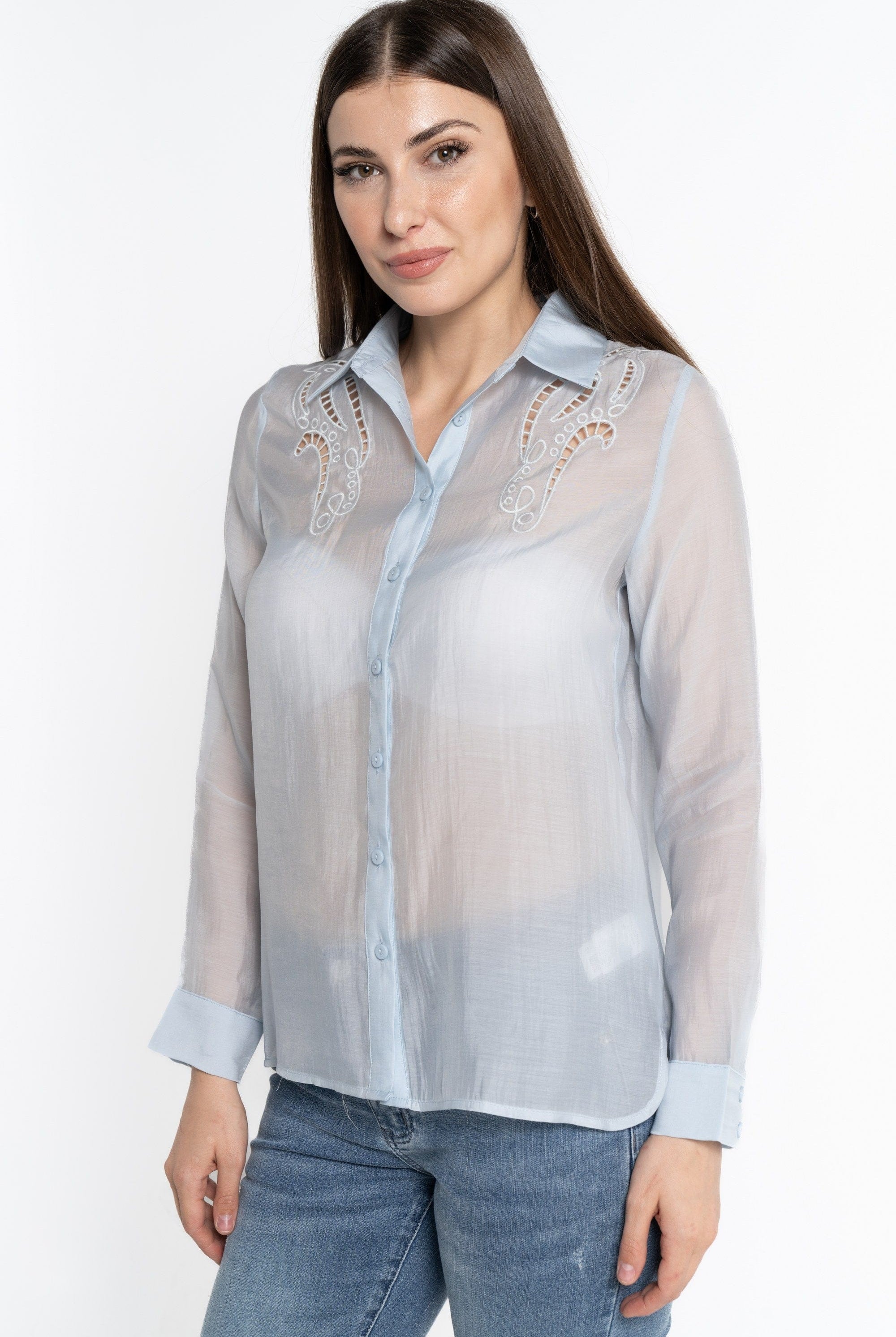 نتشي قميص بأكمام طويلة شفاف بأزرار أمامية نسائي
