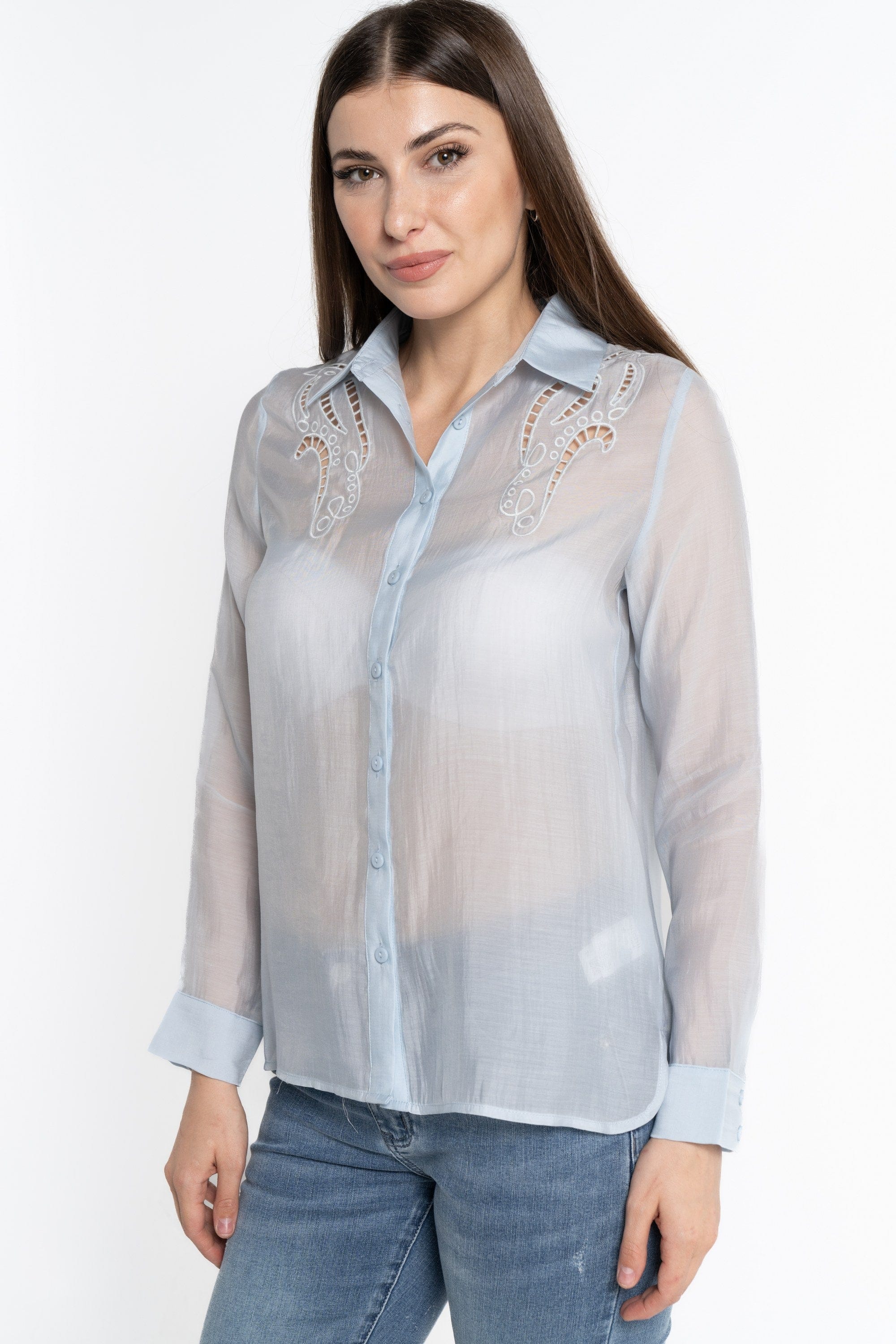 نتشي قميص بأكمام طويلة شفاف بأزرار أمامية نسائي