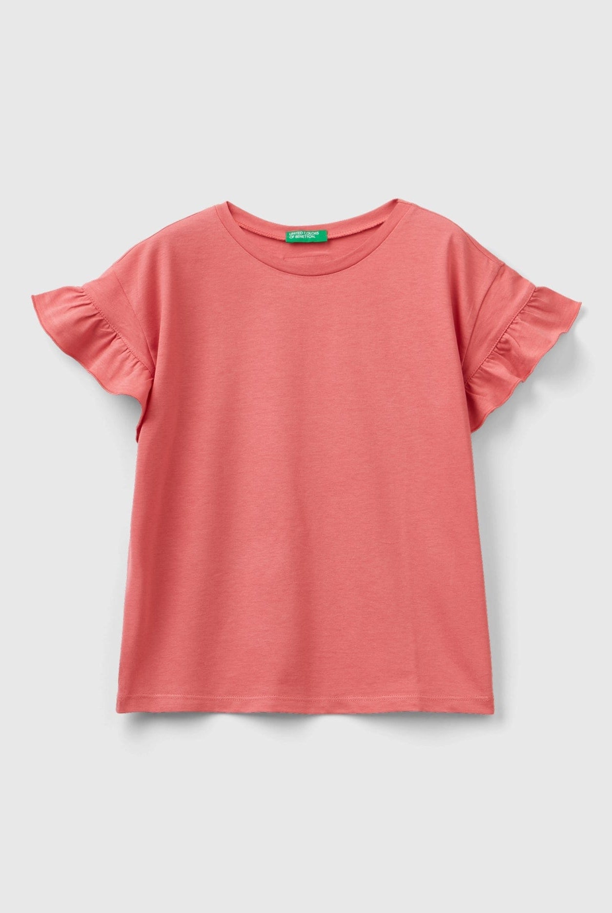 يونايتد كولورز اوف بينيتون تي شيرت بناتي بأكمام قصيرة مع كشكش عالاكمام