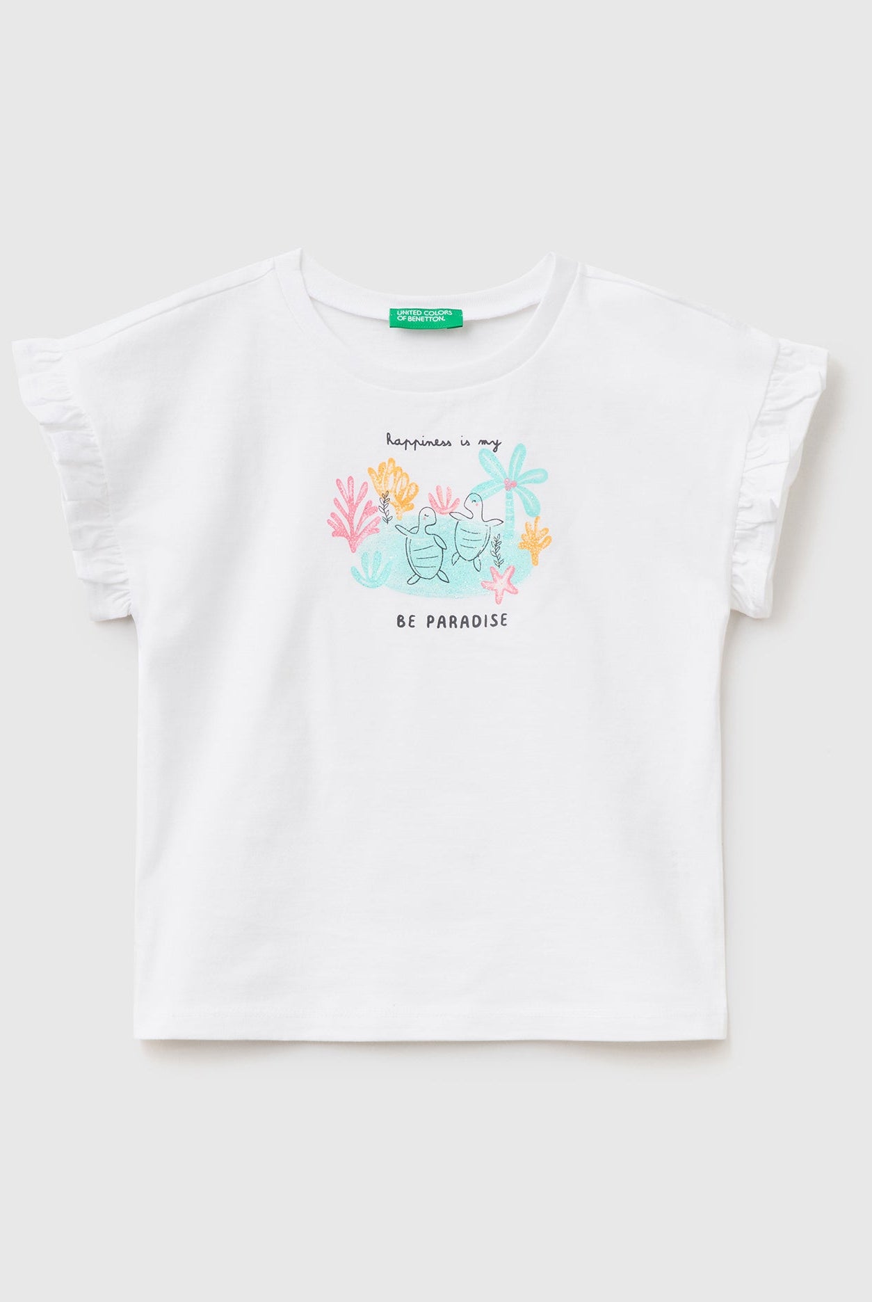 يونايتد كولورز اوف بينيتون تي شيرت بناتي بطبعة مائية نص كم مكشكش