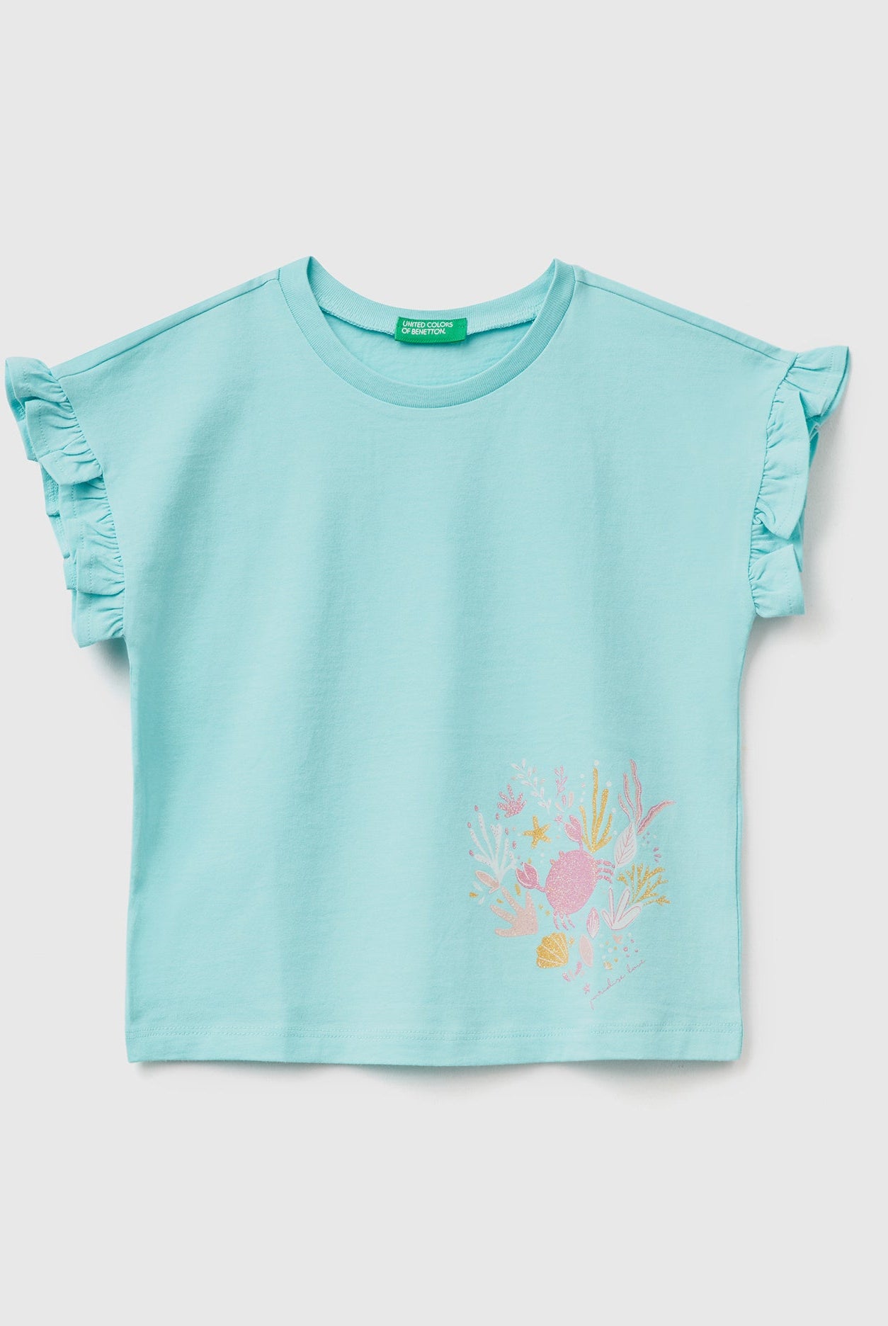 يونايتد كولورز اوف بينيتون تي شيرت بناتي بطبعة مائية نص كم مكشكش