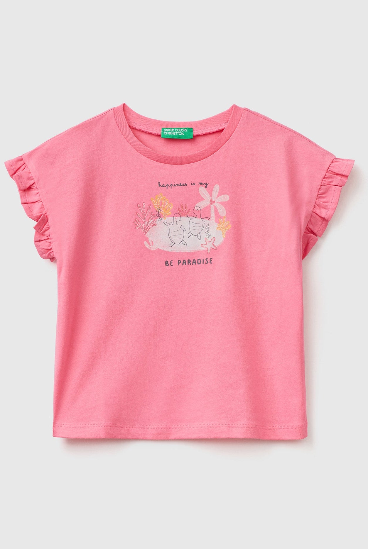 يونايتد كولورز اوف بينيتون تي شيرت بناتي بطبعة مائية نص كم مكشكش