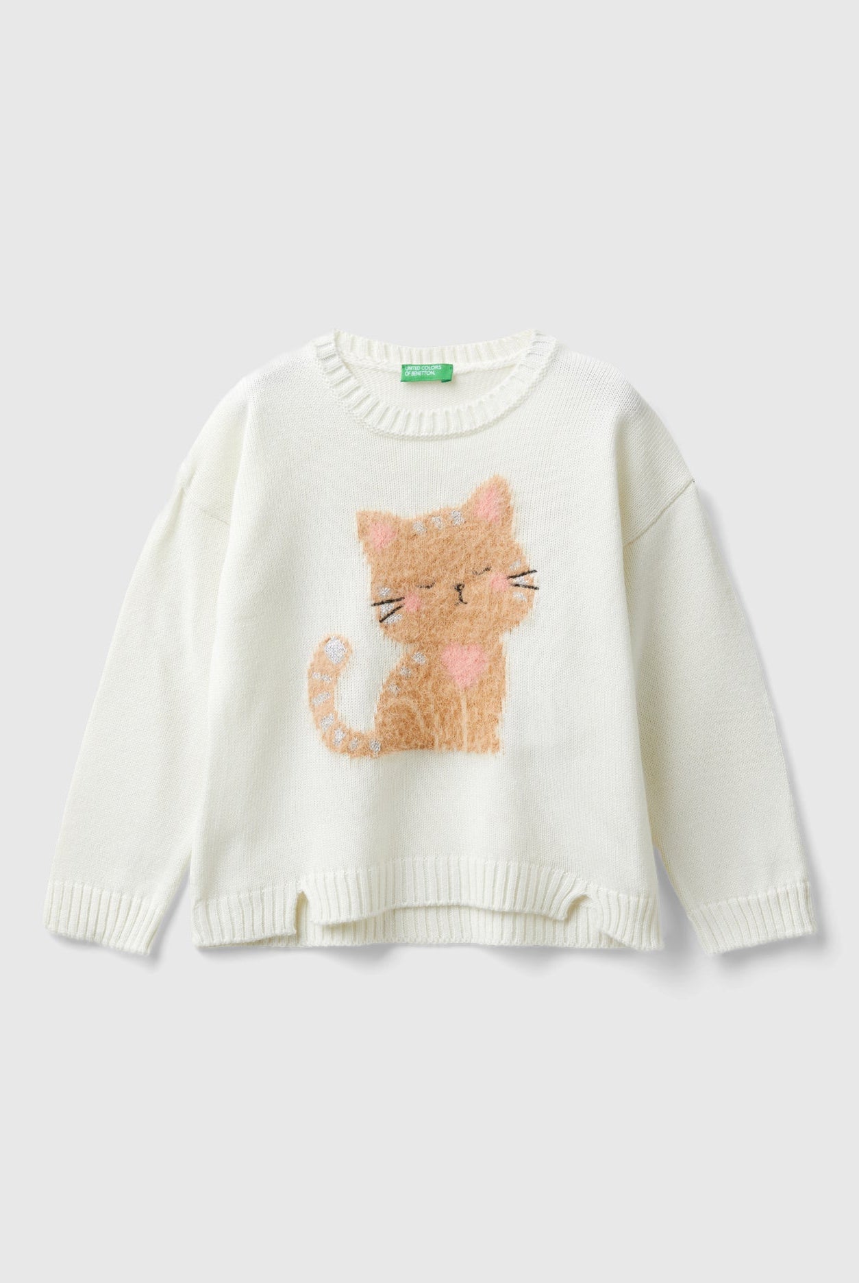 يونايتد كولورز اوف بينيتون سويتشيرت بناتي بأكمام طويلة مع رسمة قطة بفرو على الصدر