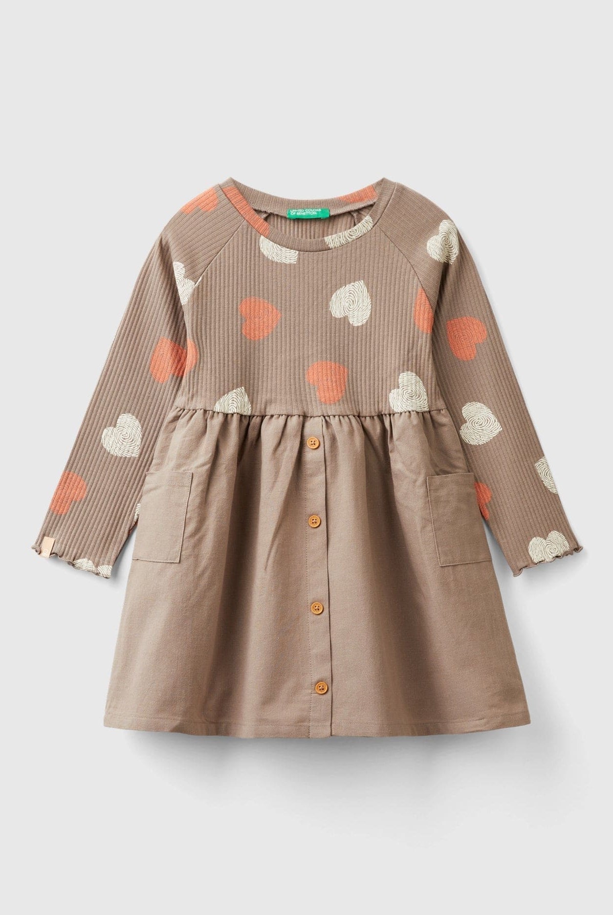 يونايتد كولورز اوف بينيتون فستان بناتي مبطن بطباعة مزخرفة ياقة دائرية وأكمام طويلة