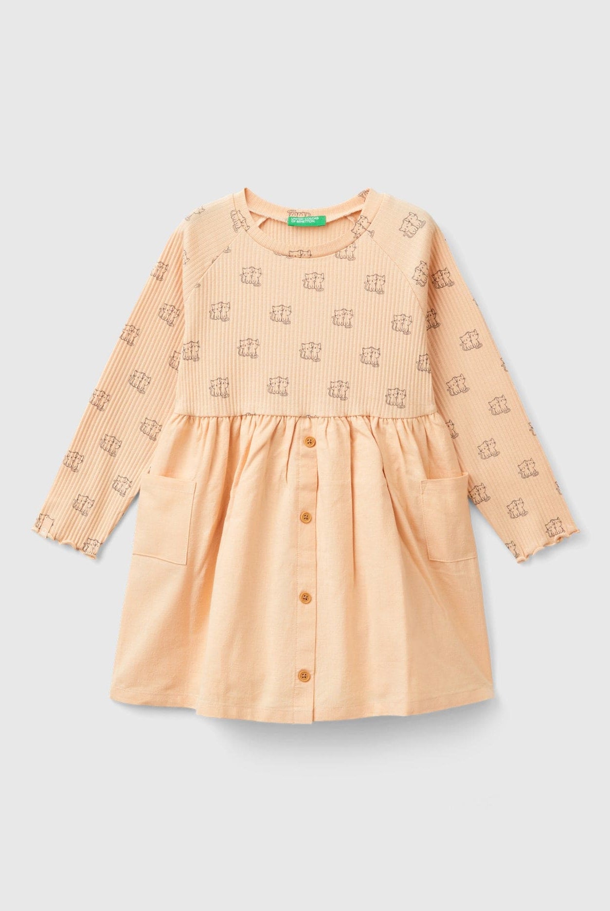 يونايتد كولورز اوف بينيتون فستان بناتي مبطن بطباعة مزخرفة ياقة دائرية وأكمام طويلة