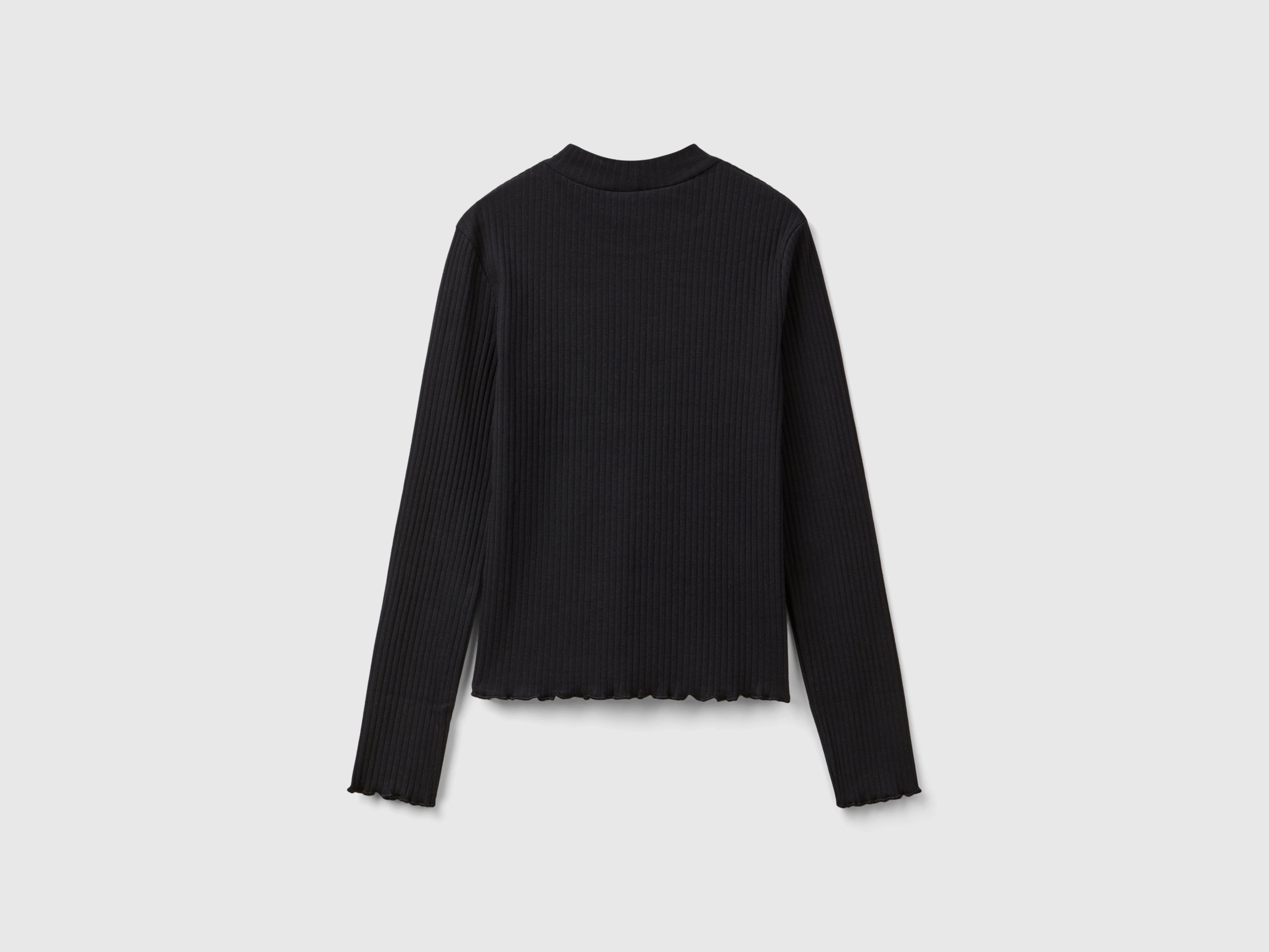 يونايتد كولورز اوف بينيتون تي شيرت بناتي برقبة عالية من قطن مضلع قابل للتمدد ضيق كم طويل