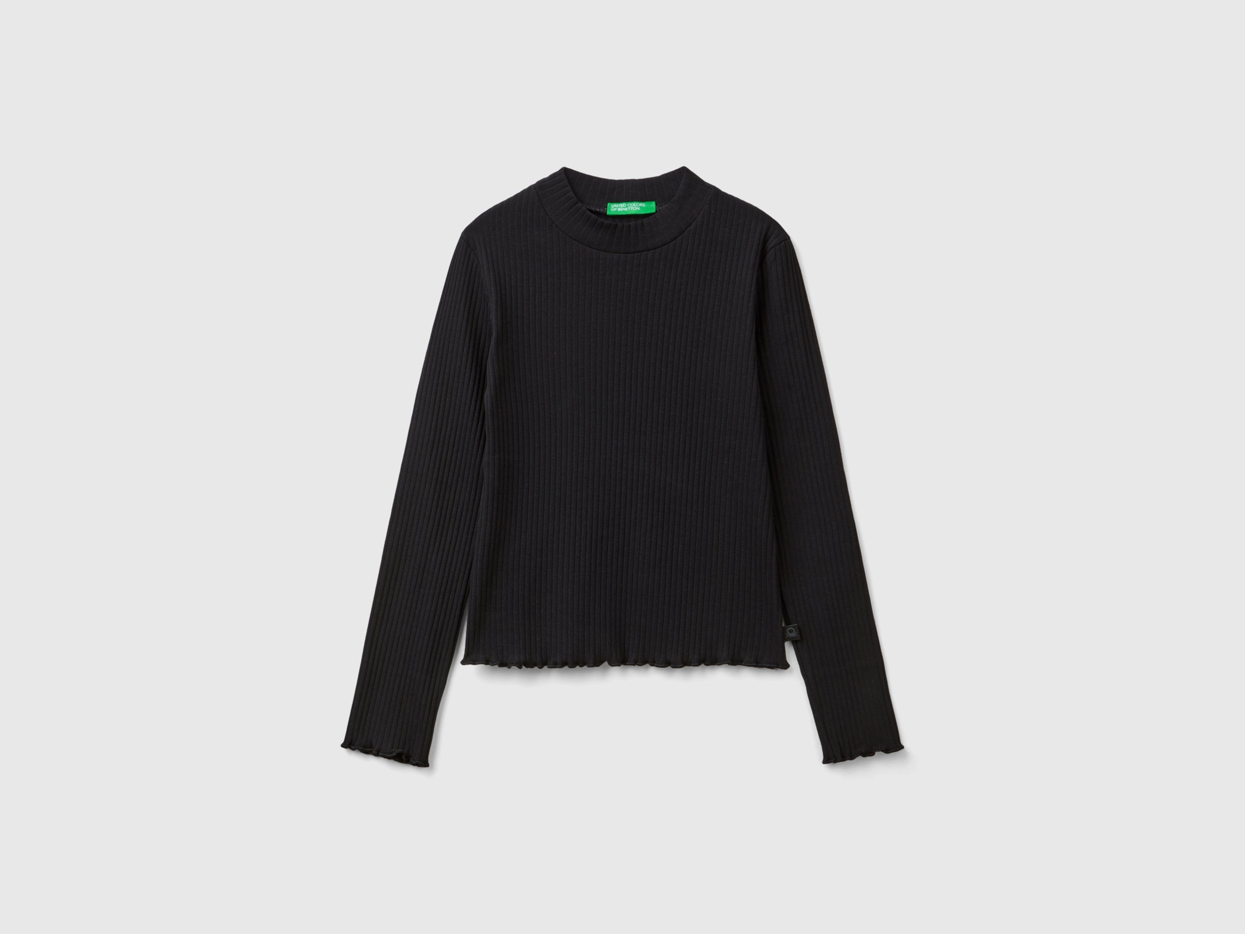 يونايتد كولورز اوف بينيتون تي شيرت بناتي برقبة عالية من قطن مضلع قابل للتمدد ضيق كم طويل