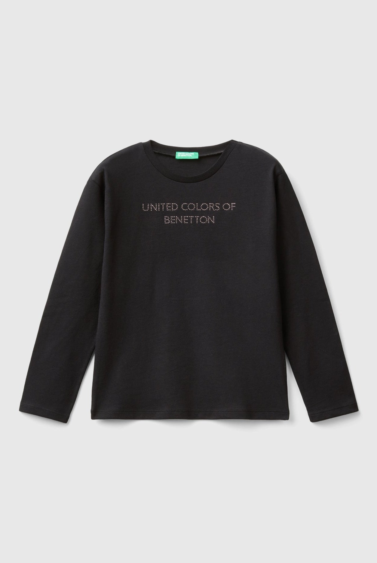 يونايتد كولورز اوف بينيتون تي شيرت بناتي بأكمام طويلة من قطن عضوي نقي بياقة دائرية وشعار مرصع بالأحجار