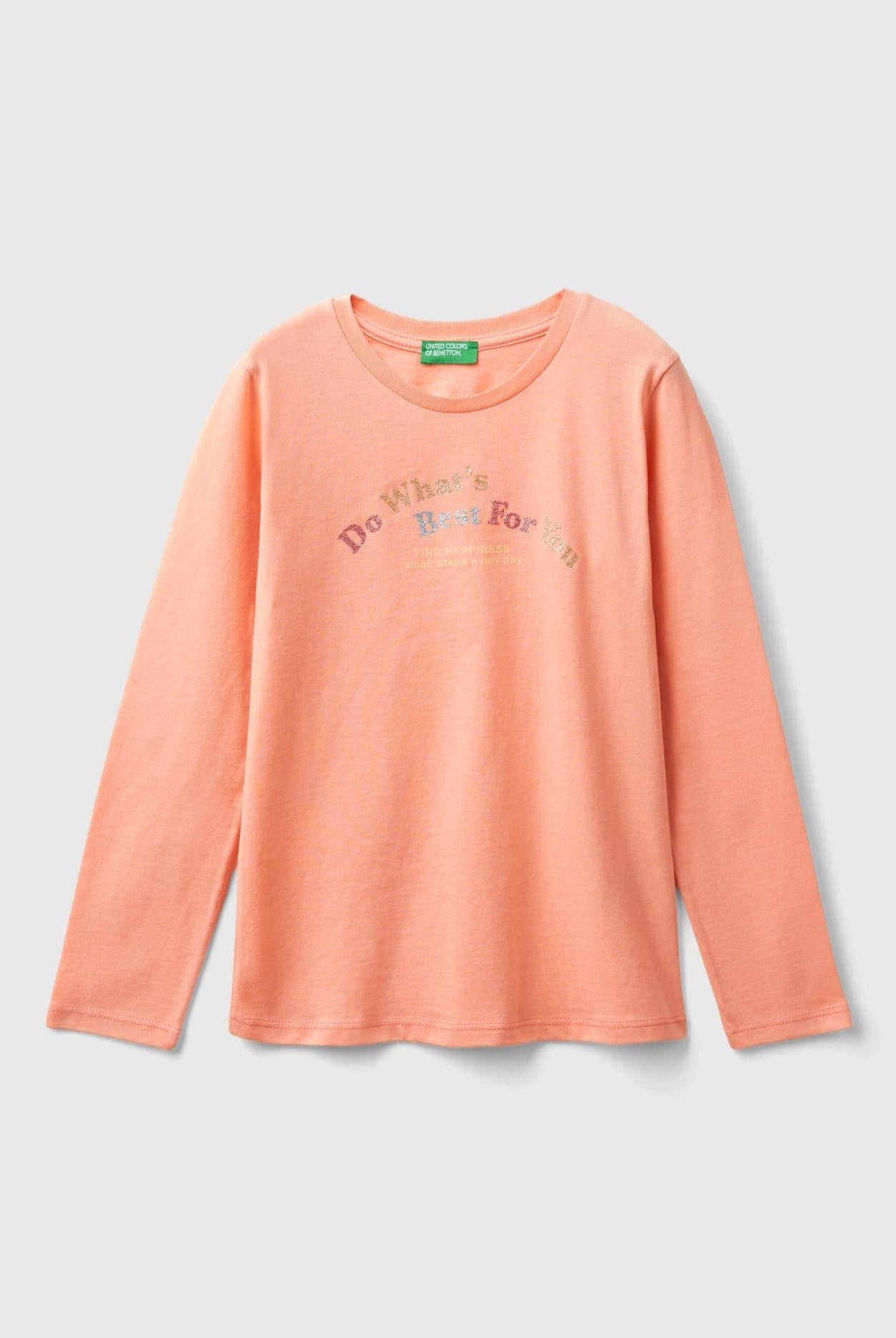 يونايتد كولورز اوف بينيتون تي شيرت بناتي بأكمام طويلة وياقة دائرية مزين بطباعة لامعة على الصدر