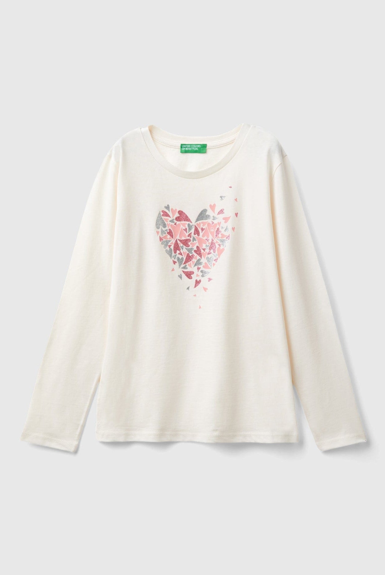 يونايتد كولورز اوف بينيتون تي شيرت بناتي بأكمام طويلة وياقة دائرية مزين بطباعة لامعة على الصدر