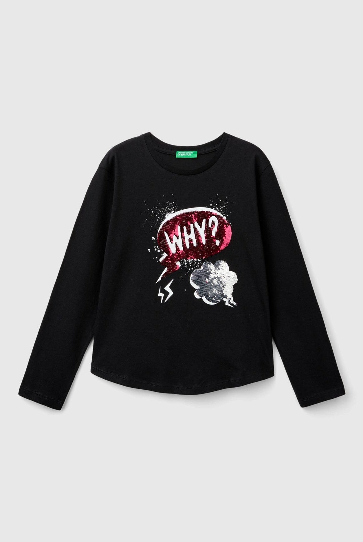 يونايتد كولورز اوف بينيتون تي شيرت بناتي بأكمام طويلة مع طباعة مرصعة بالترتر