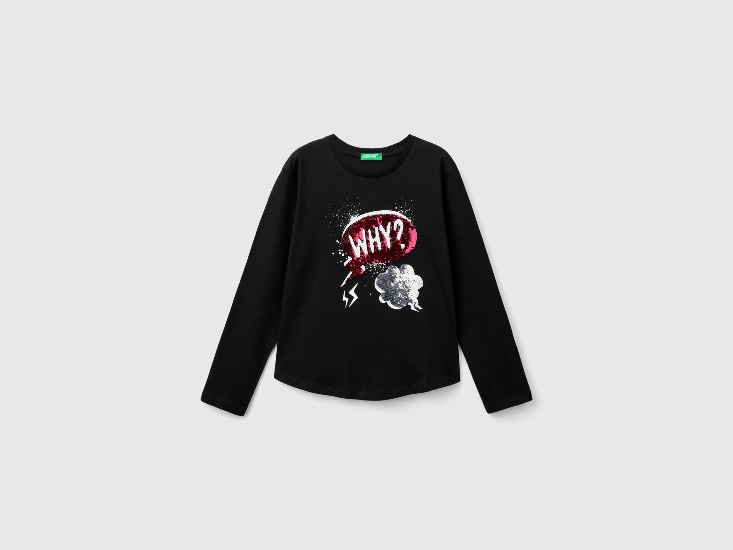 يونايتد كولورز اوف بينيتون تي شيرت بناتي بأكمام طويلة مع طباعة مرصعة بالترتر