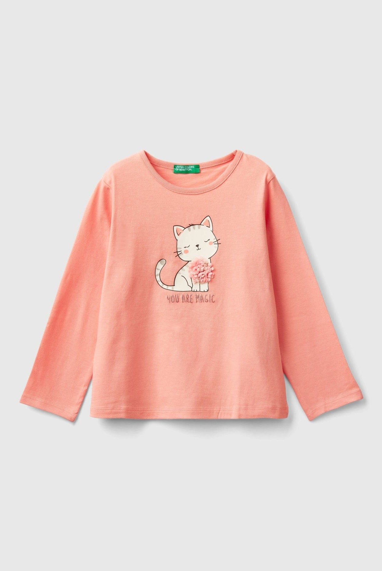 يونايتد كولورز اوف بينيتون تي شيرت بناتي بأكمام طويلة وياقة دائرية بزخارف بشكل بتلات الزهور