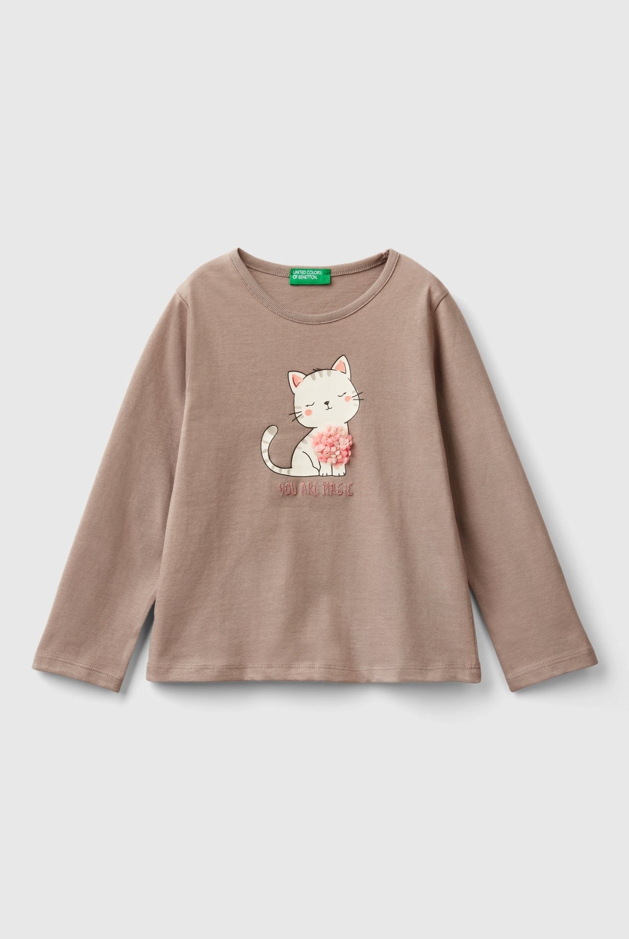 يونايتد كولورز اوف بينيتون تي شيرت بناتي بأكمام طويلة وياقة دائرية بزخارف بشكل بتلات الزهور