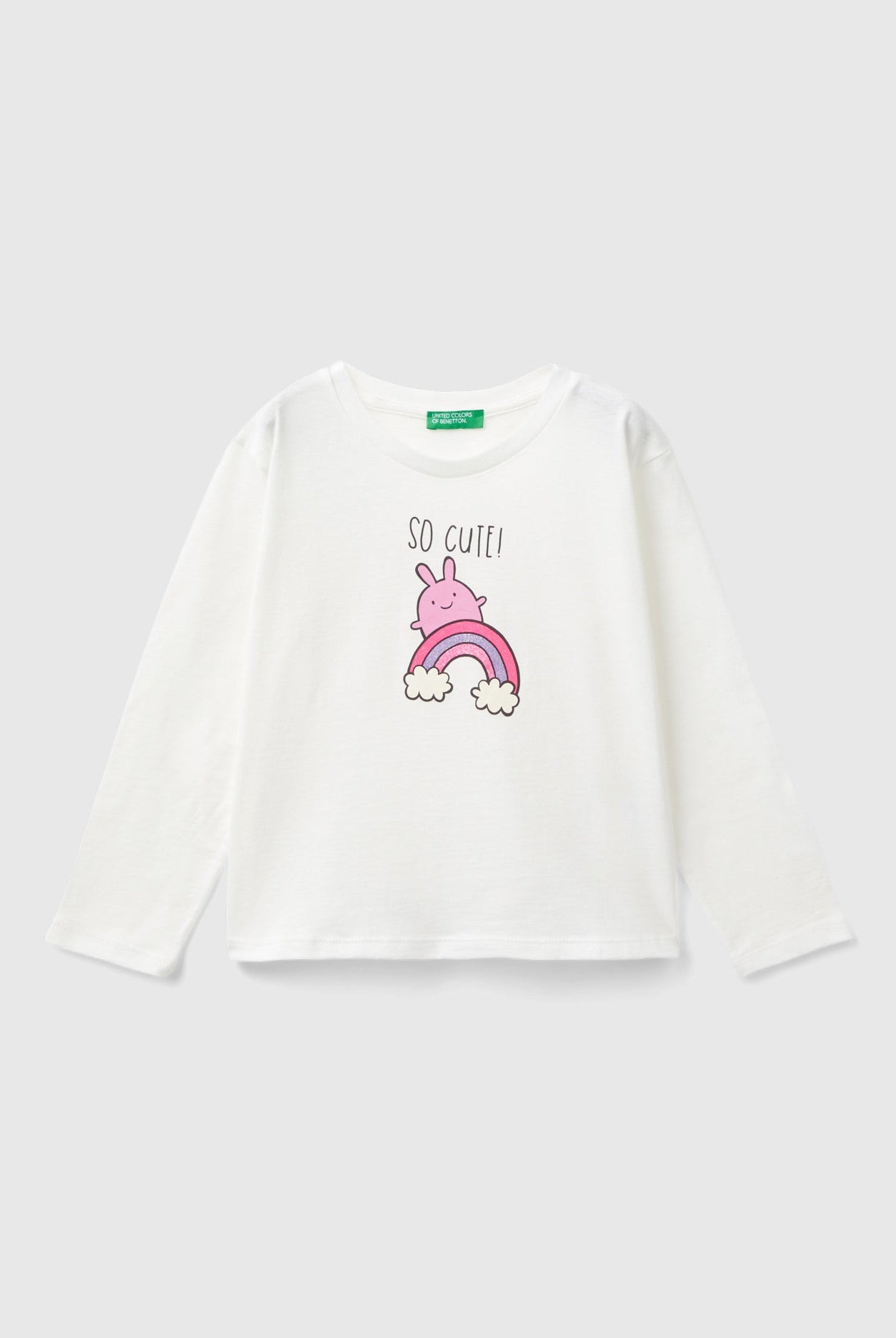 يونايتد كولورز اوف بينيتون تي شيرت بناتي بأكمام طويلة وياقة دائرية مزين بطباعة على الصدر