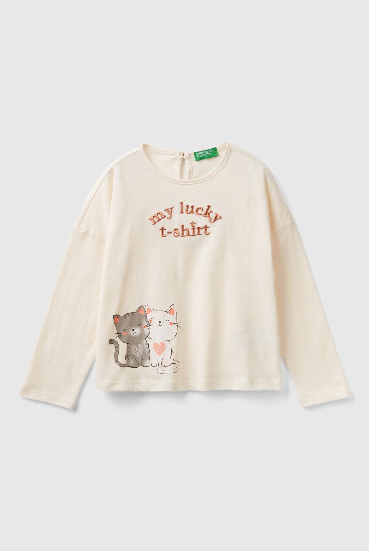 يونايتد كولورز اوف بينيتون تي شيرت بناتي بأكمام طويلة وياقة دائرية مزين بطباعة على الصدر