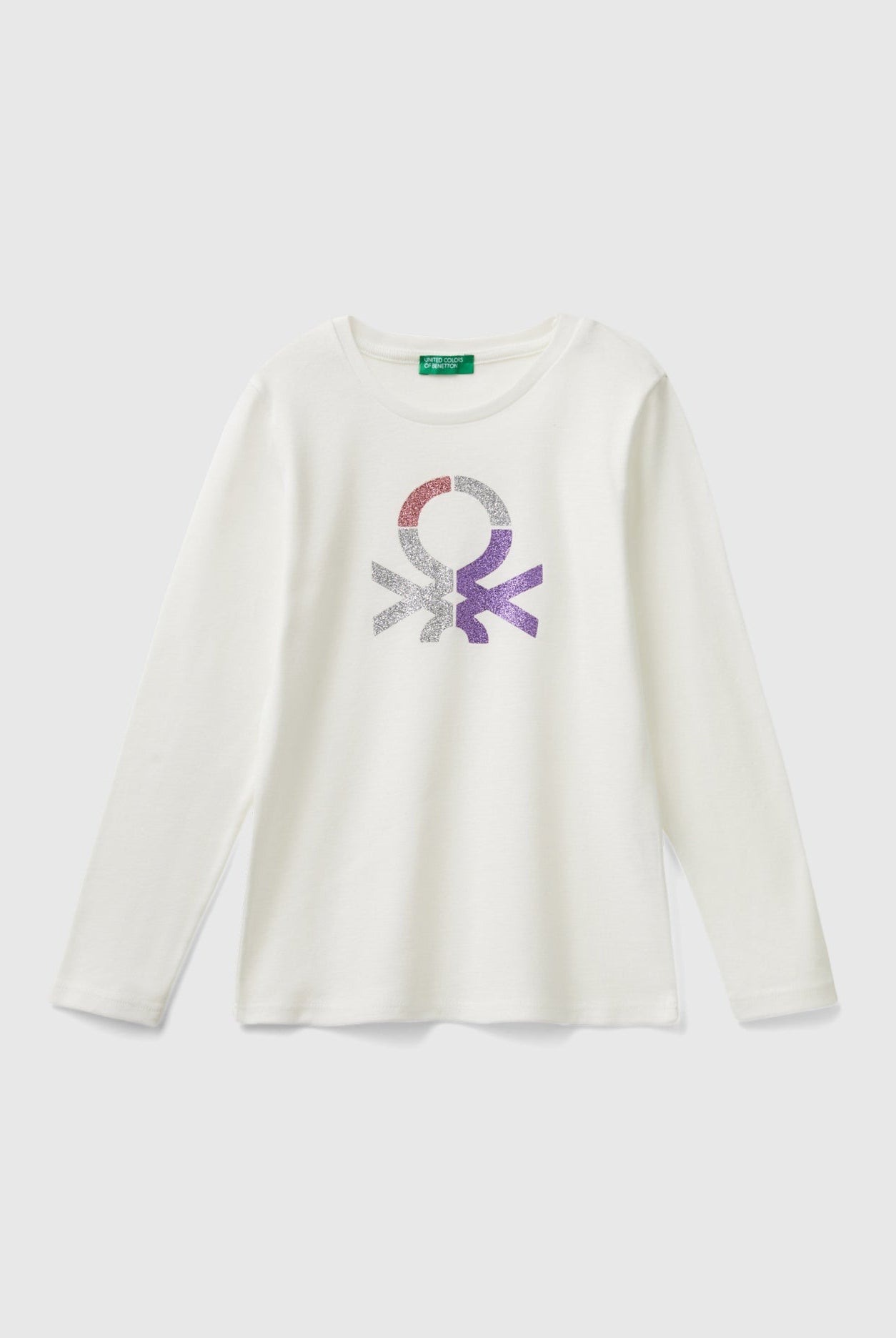 يونايتد كولورز اوف بينيتون تي شيرت بناتي بياقة دائرية كم طويل مع شعار على الصدر