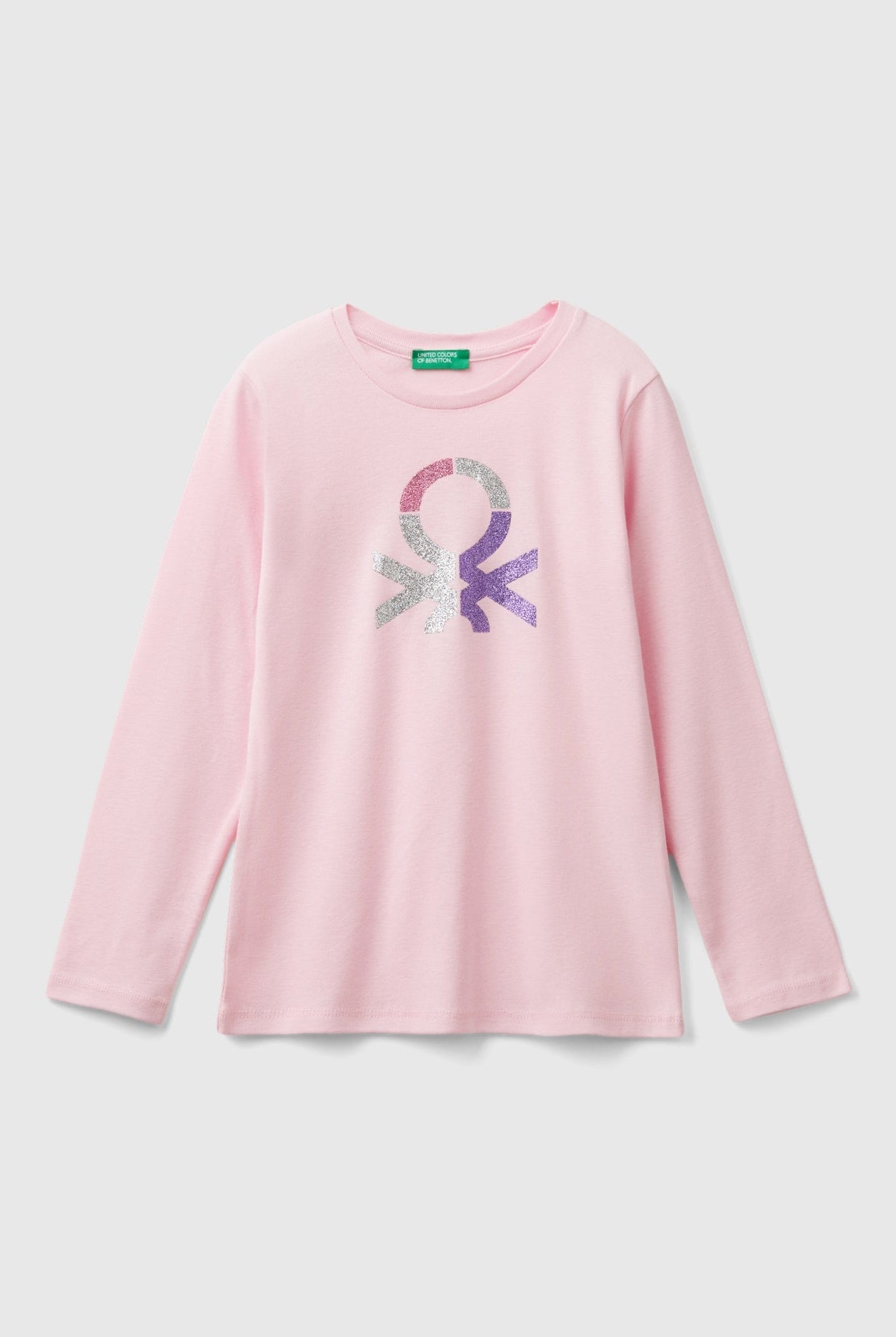 يونايتد كولورز اوف بينيتون تي شيرت بناتي بياقة دائرية كم طويل مع شعار على الصدر