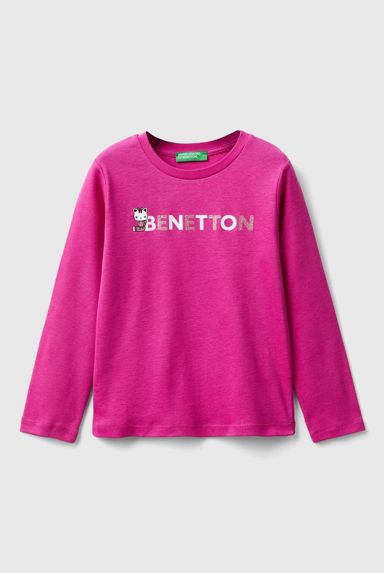 يونايتد كولورز اوف بينيتون تي شيرت بناتي بطباعة لامعة بأكمام طويلة وياقة دائرية