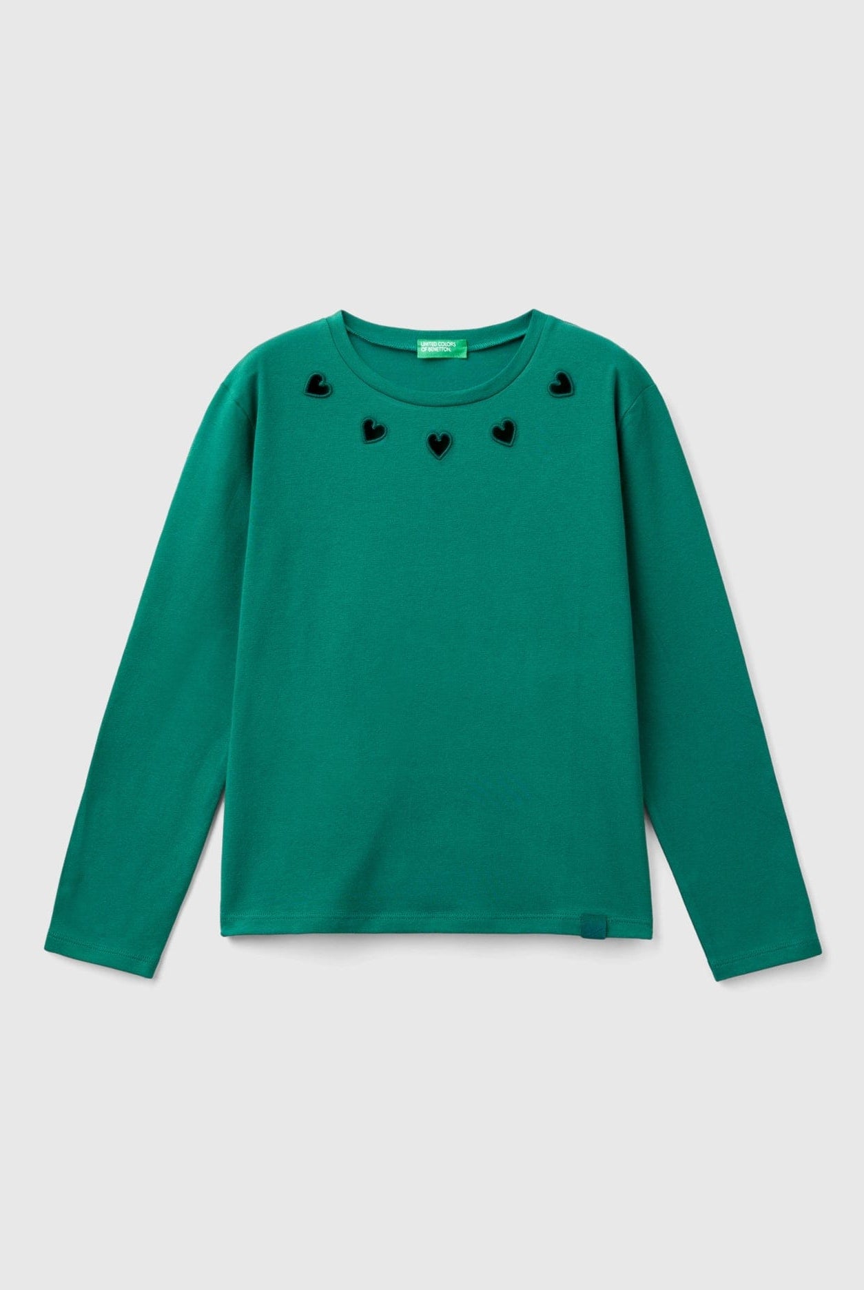 يونايتد كولورز اوف بينيتون تي شيرت بناتي بأكمام طويلة من قطن عضوي نقي بياقة دائرية ورسمه على الصدر