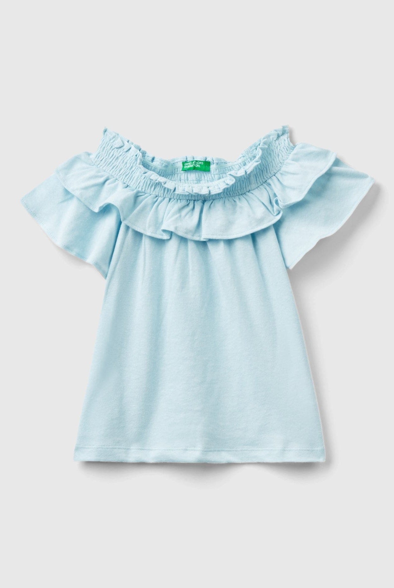 يونايتد كولورز اوف بينيتون تي شيرت بناتي بقصة واسعة ورقبة واسعة مزينة بكشكش